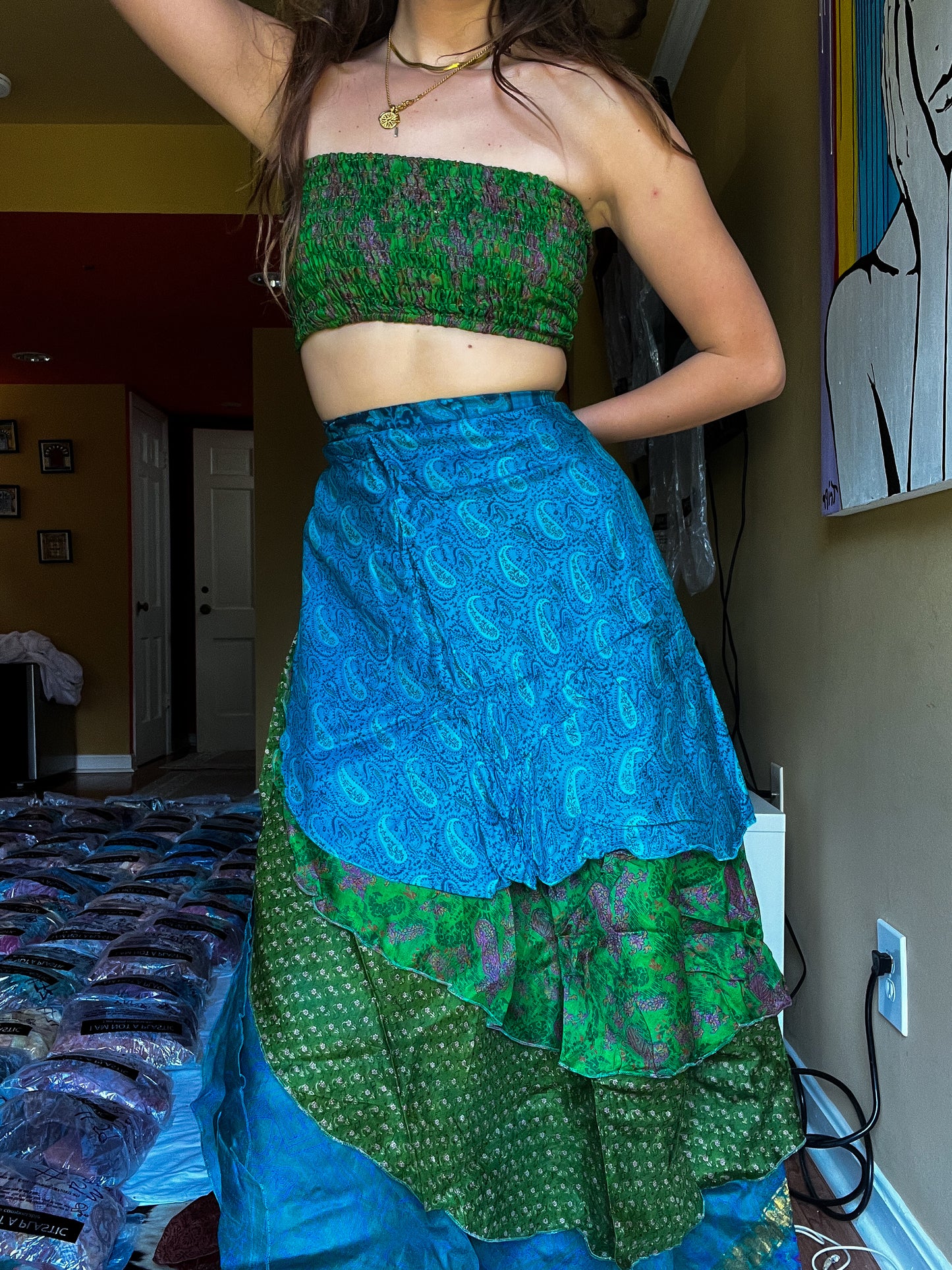sari wrap skirt #163- Green, Blue