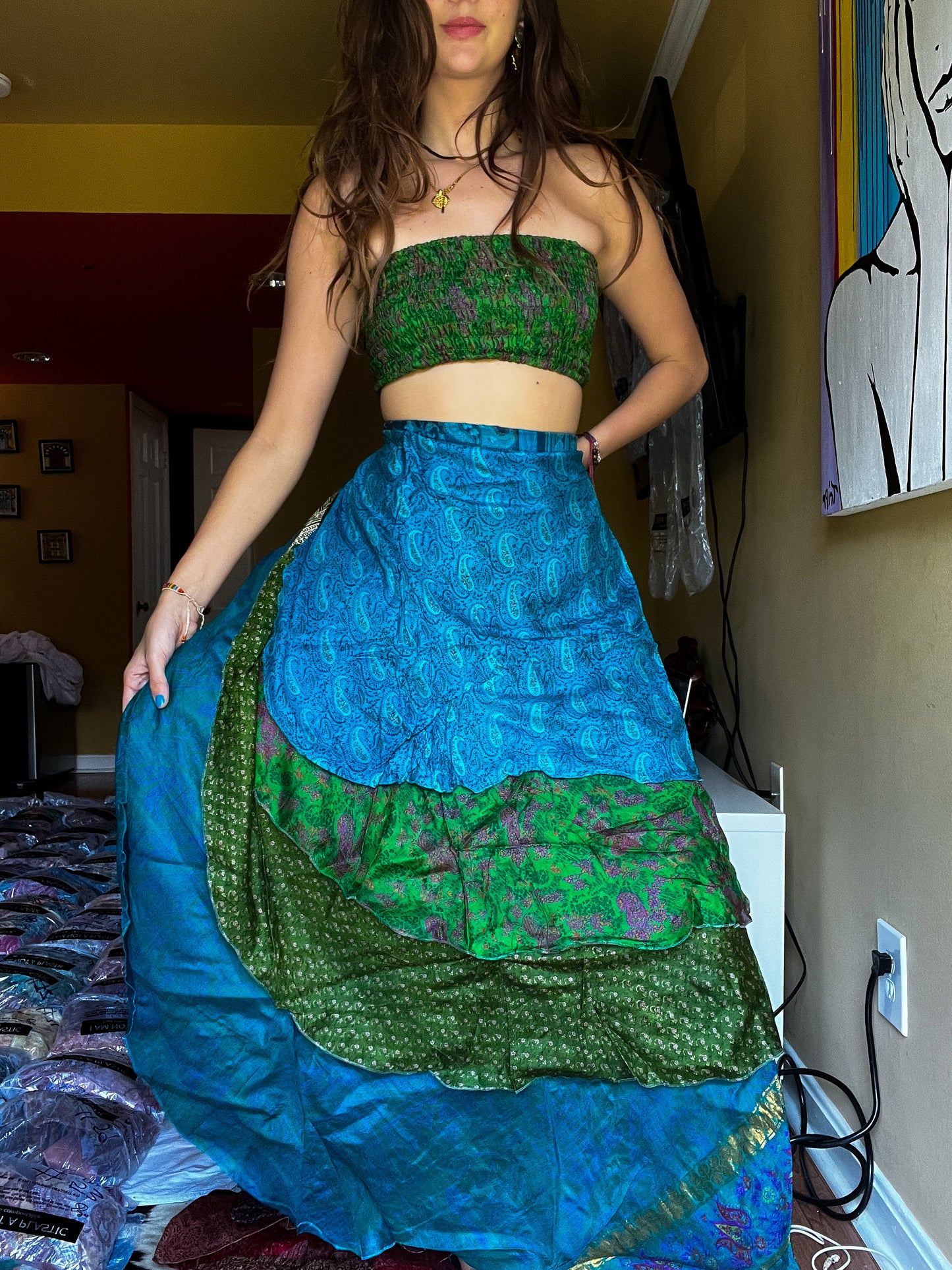 sari wrap skirt #163- Green, Blue