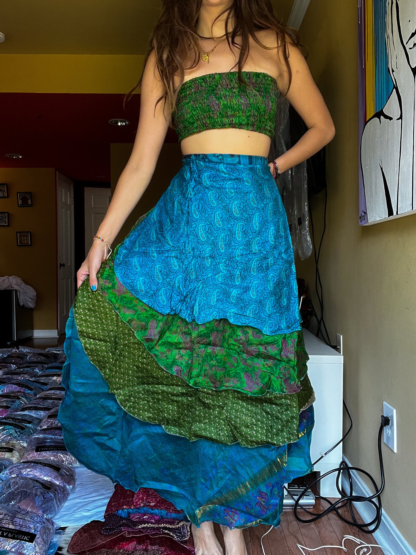 sari wrap skirt #163- Green, Blue