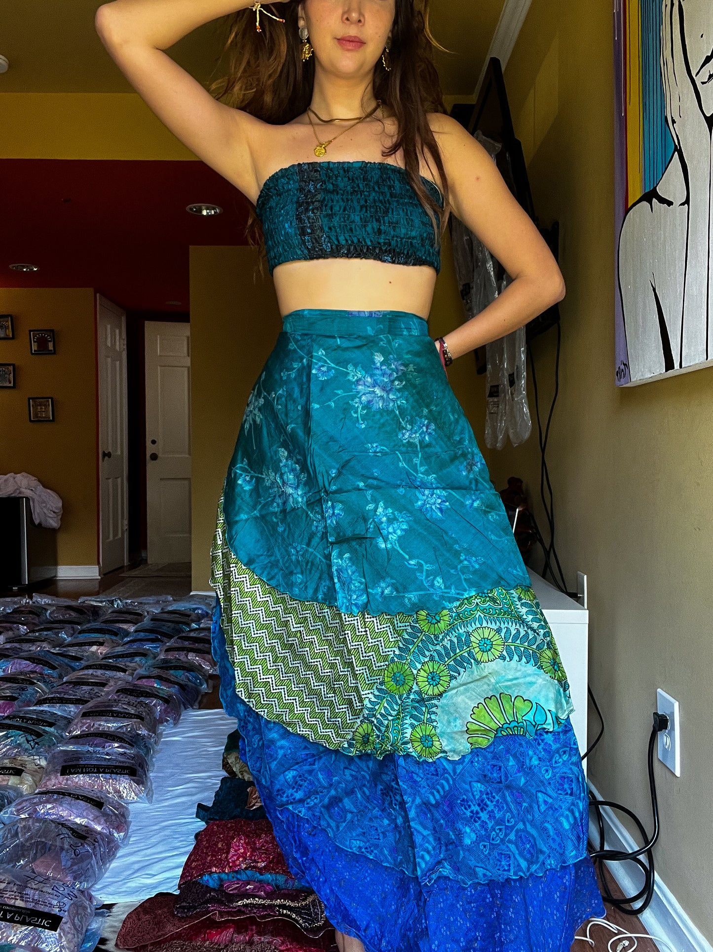 sari wrap skirt #164- Blue