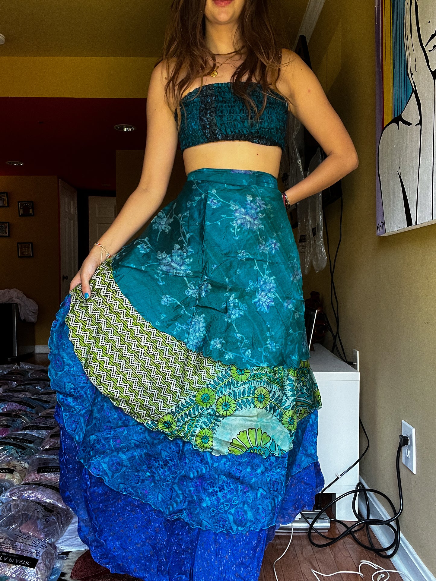 sari wrap skirt #164- Blue