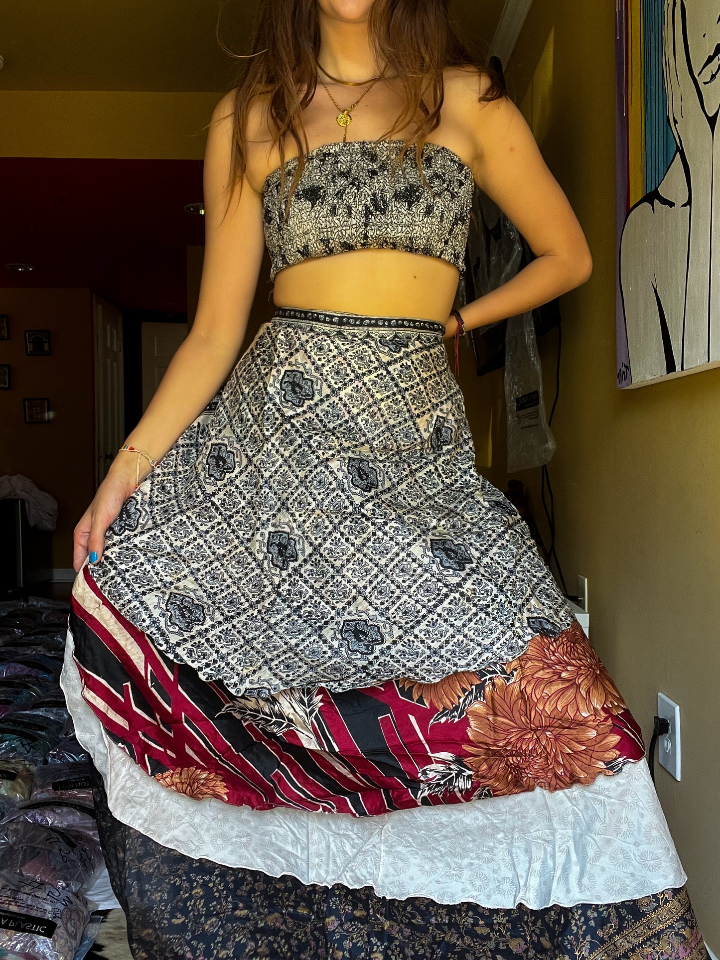 sari wrap skirt #165- Black, red