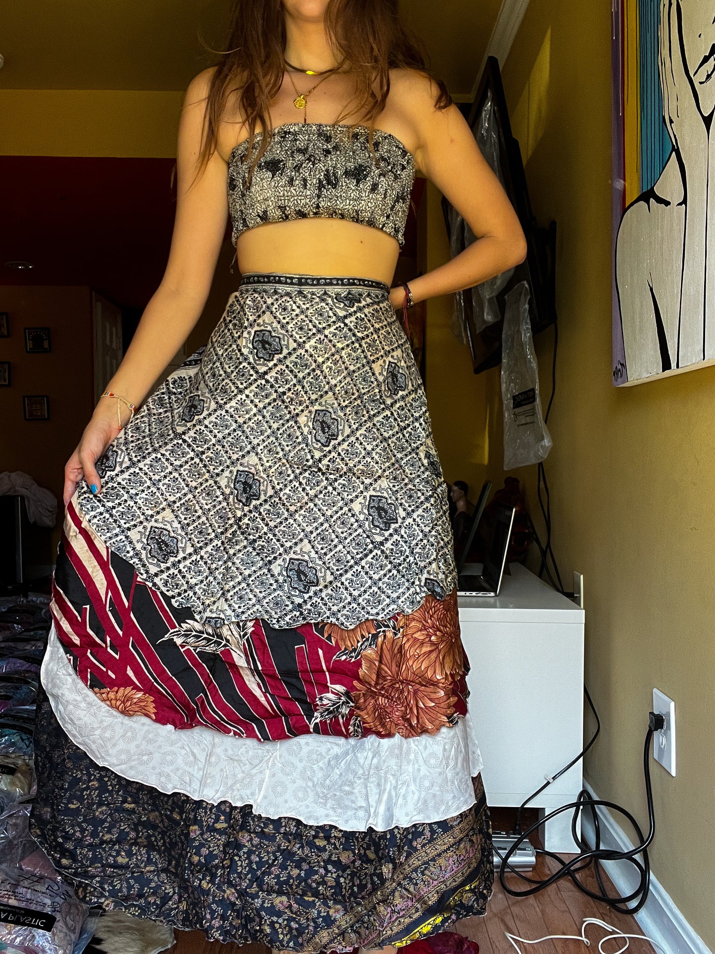 sari wrap skirt #165- Black, red