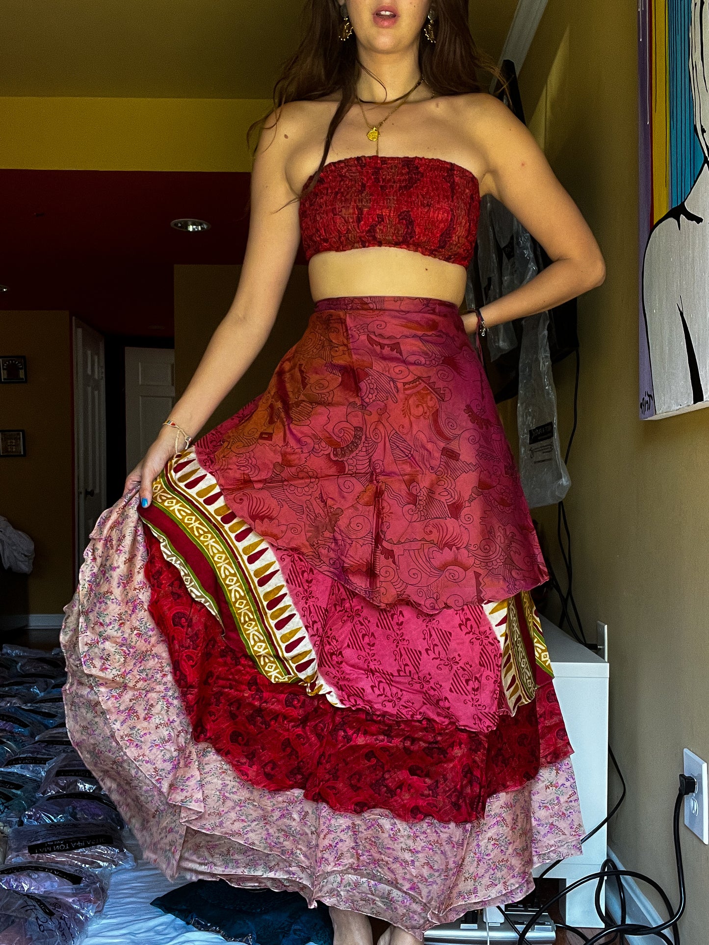 sari wrap skirt #166- RED