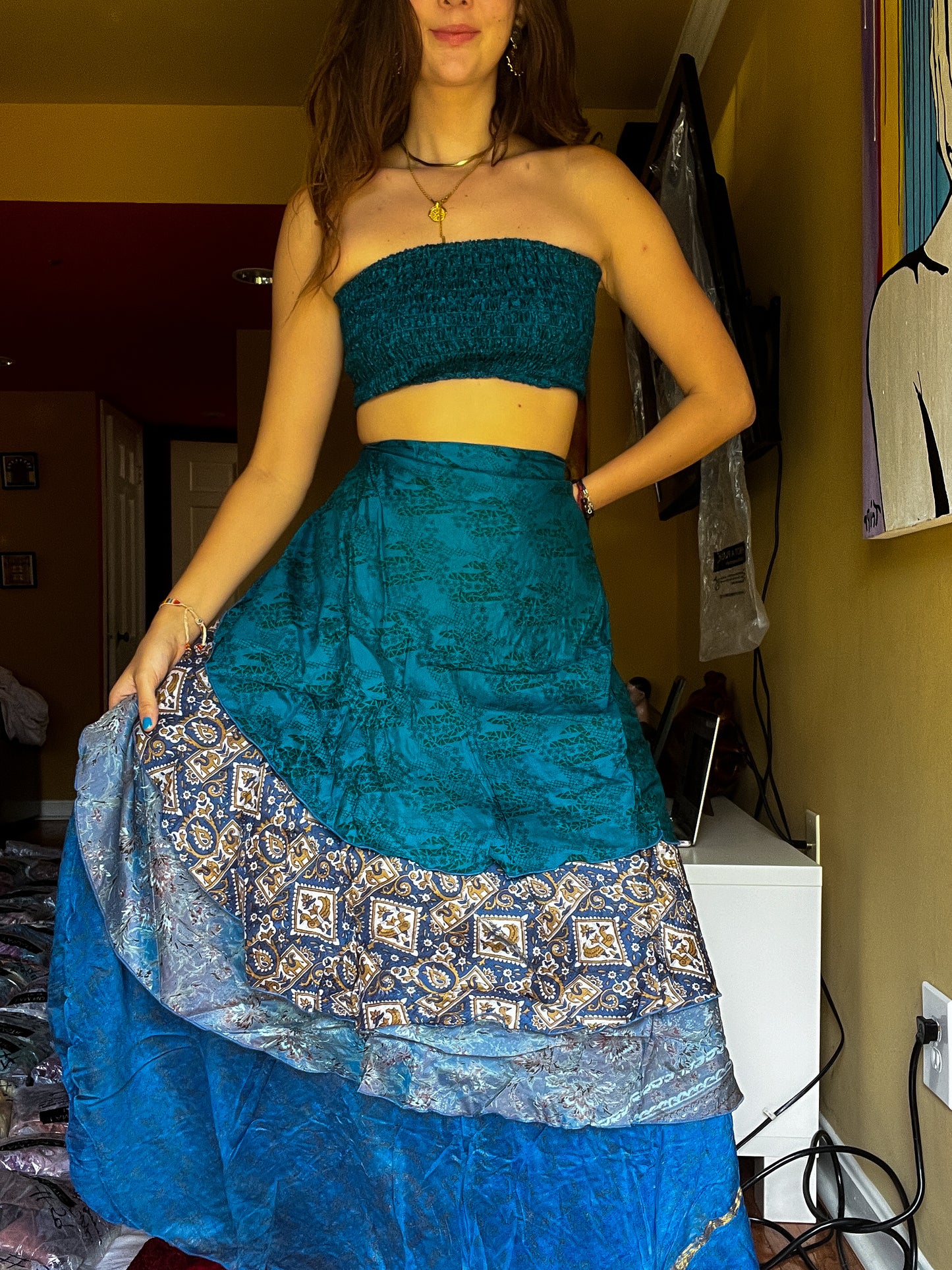sari wrap skirt #167- Blue