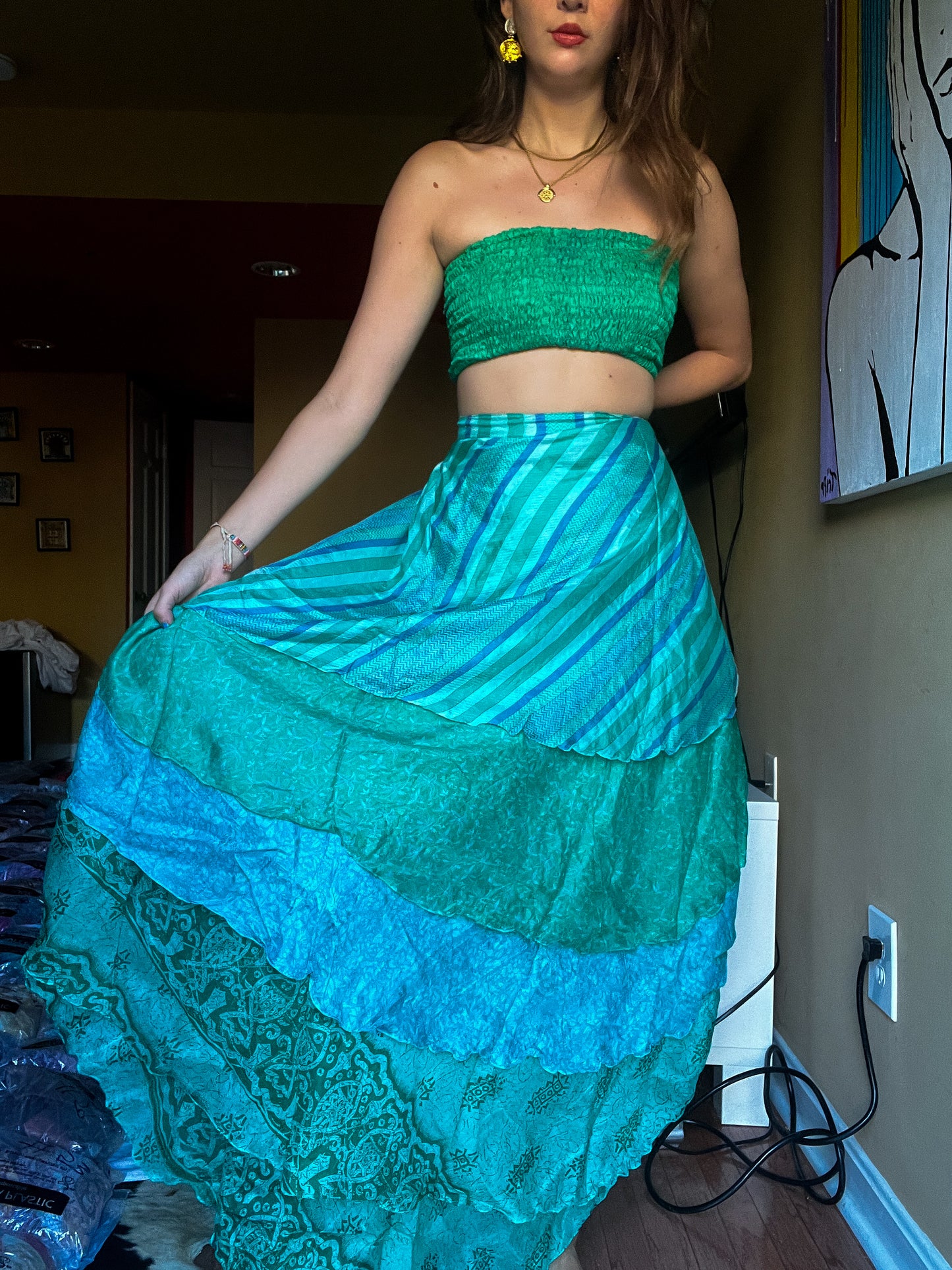 sari wrap skirt #170- Green