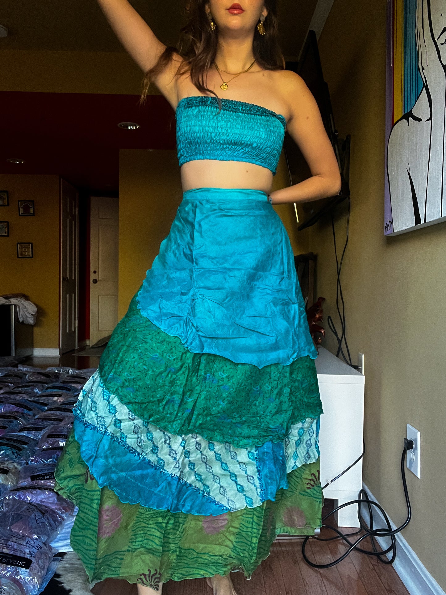 sari wrap skirt #174- Blue, Green