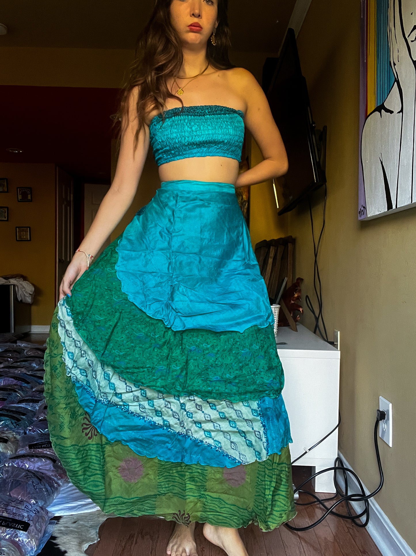 sari wrap skirt #174- Blue, Green