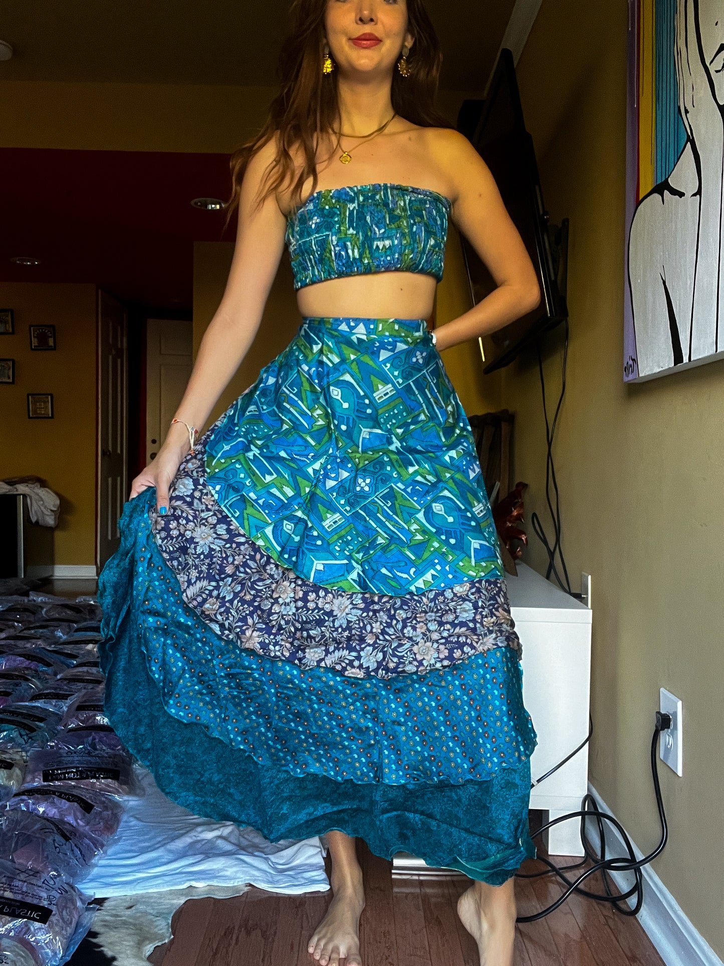 sari wrap skirt #176- Blue, green