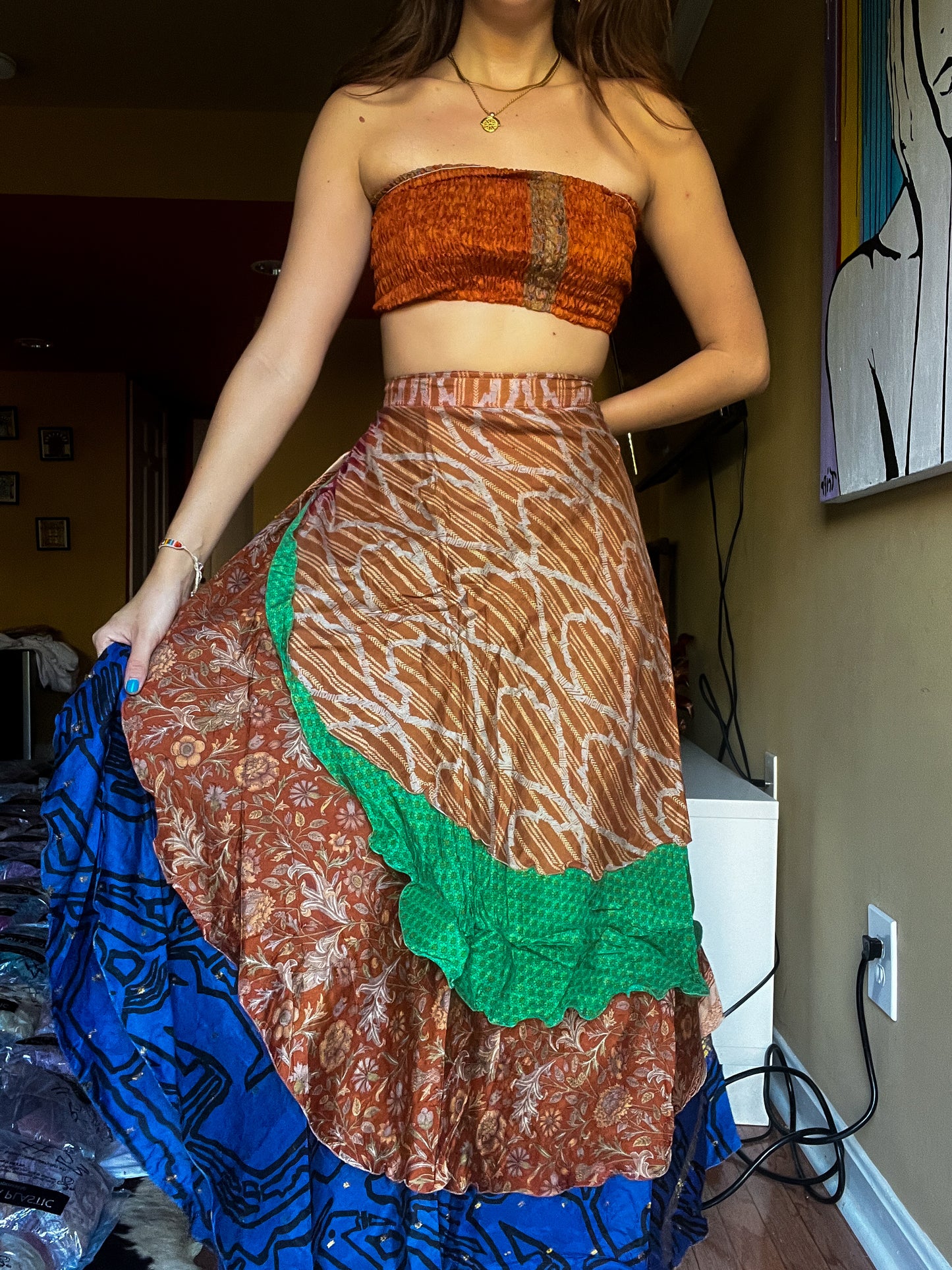 sari wrap skirt #179- Brown, green