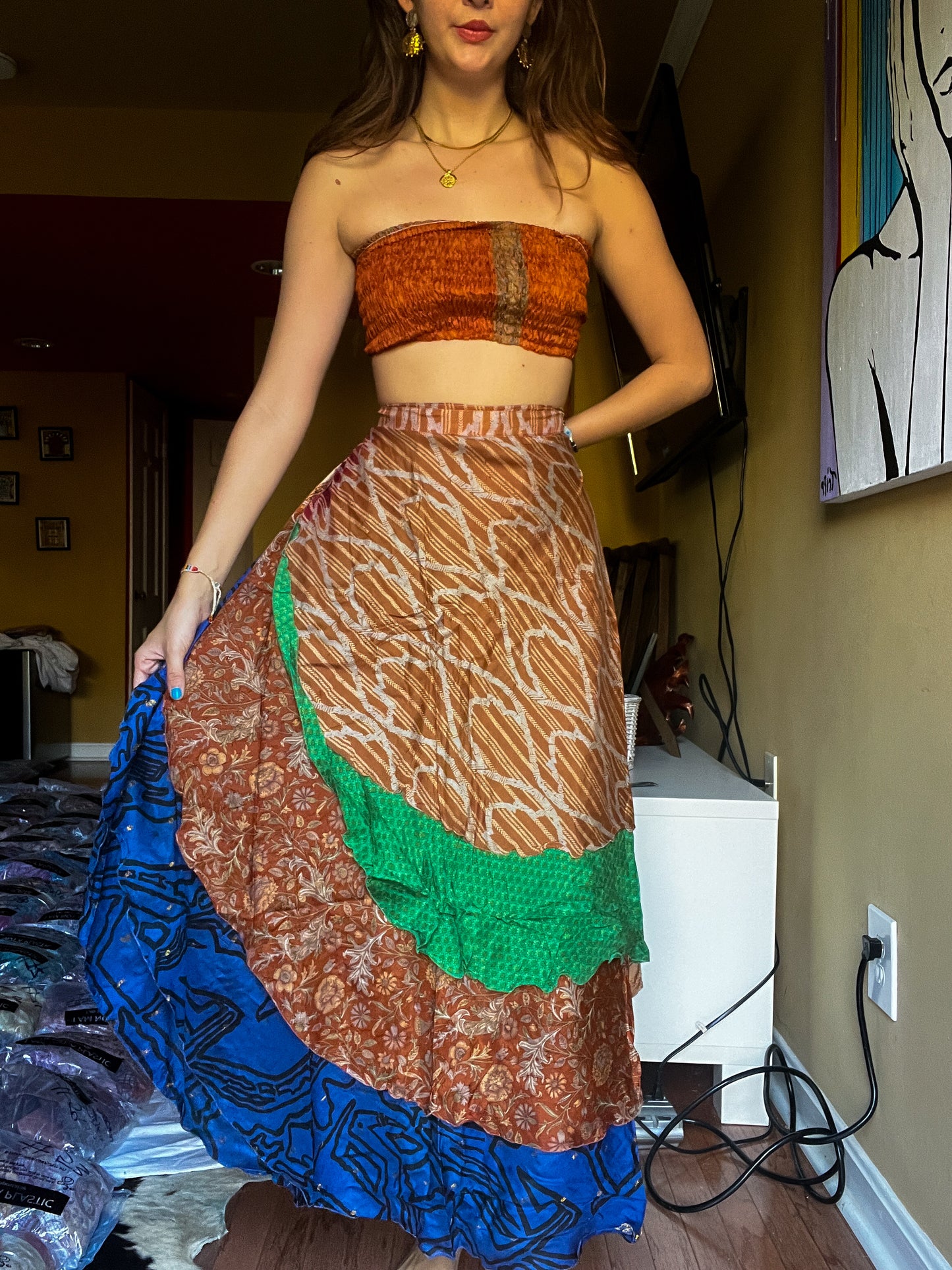 sari wrap skirt #179- Brown, green