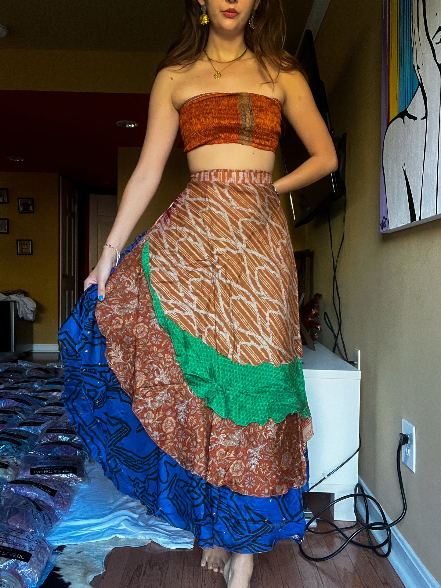 sari wrap skirt #179- Brown, green
