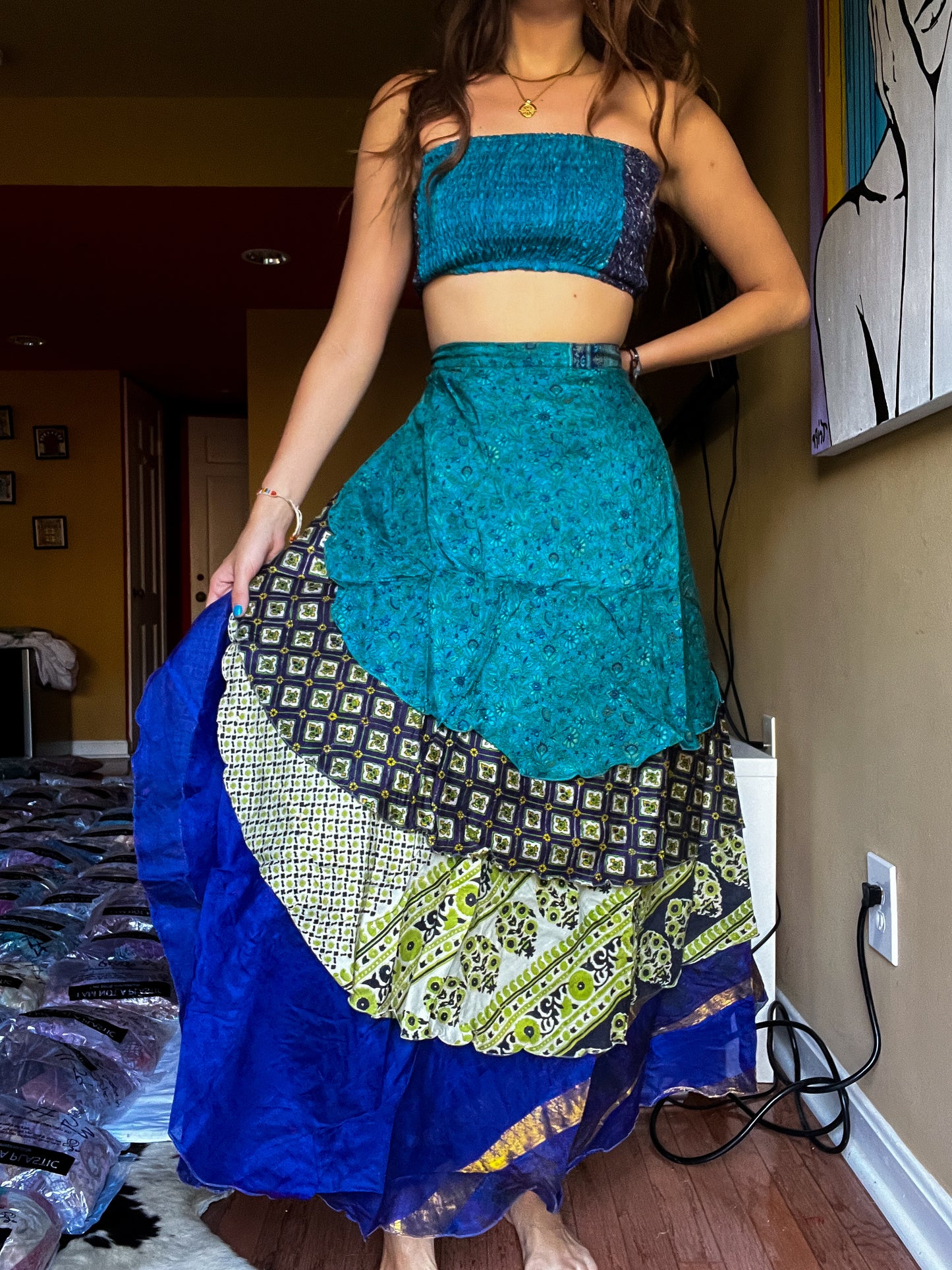 sari wrap skirt #180- Blue