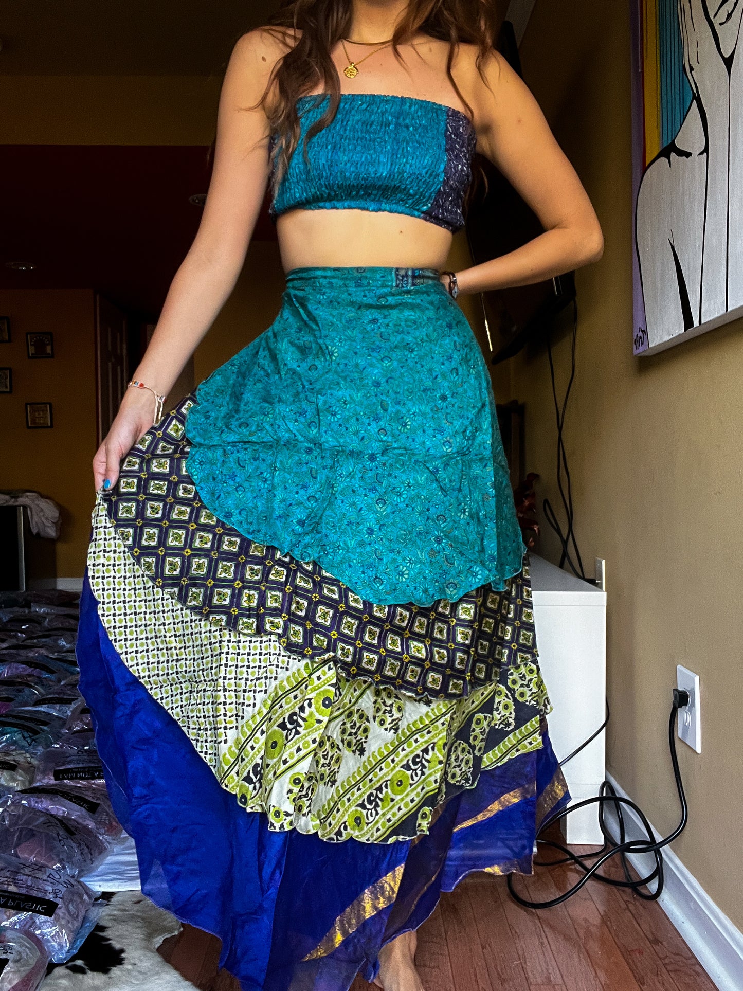 sari wrap skirt #180- Blue