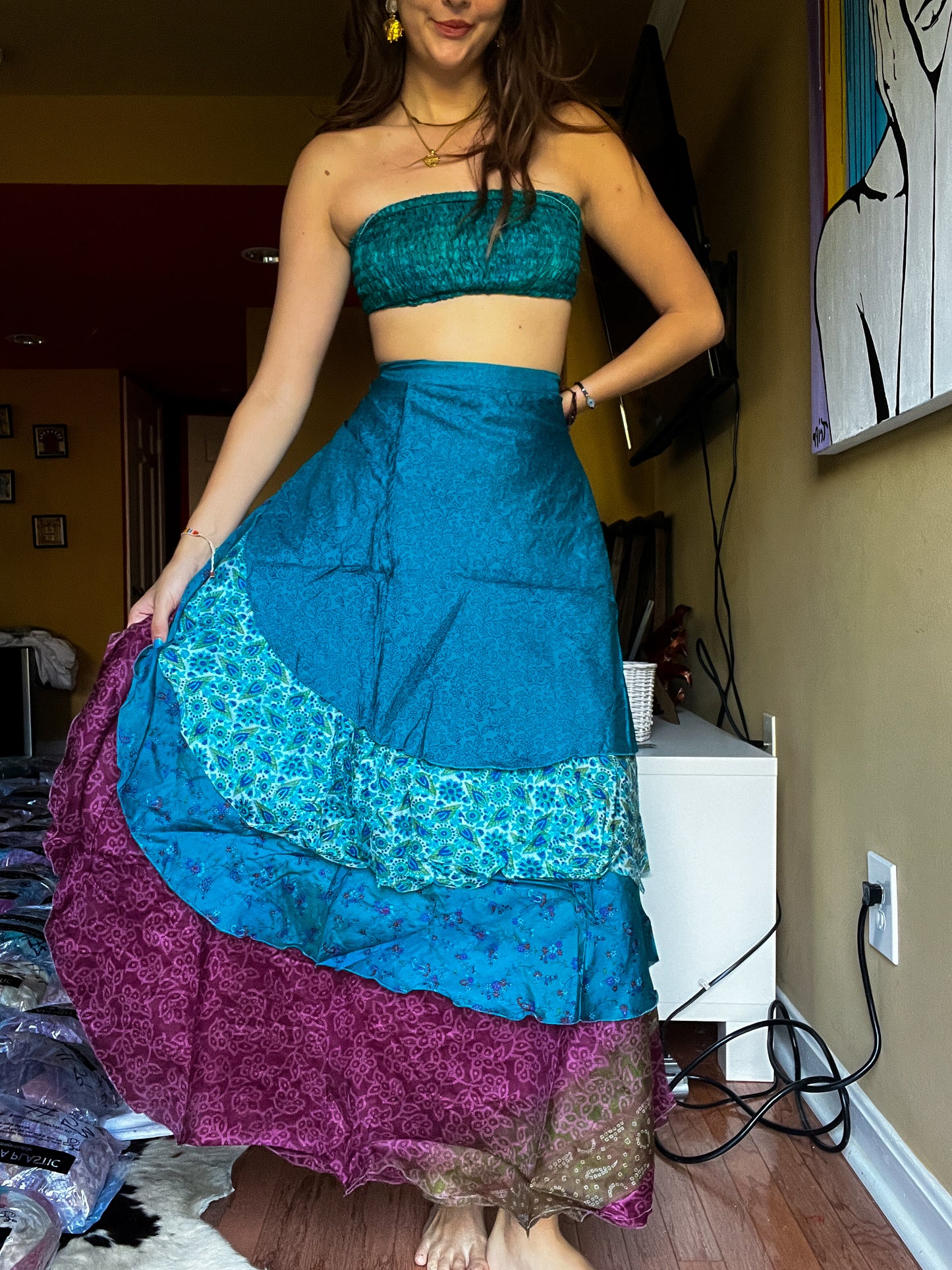 sari wrap skirt #186 - Blue, purple