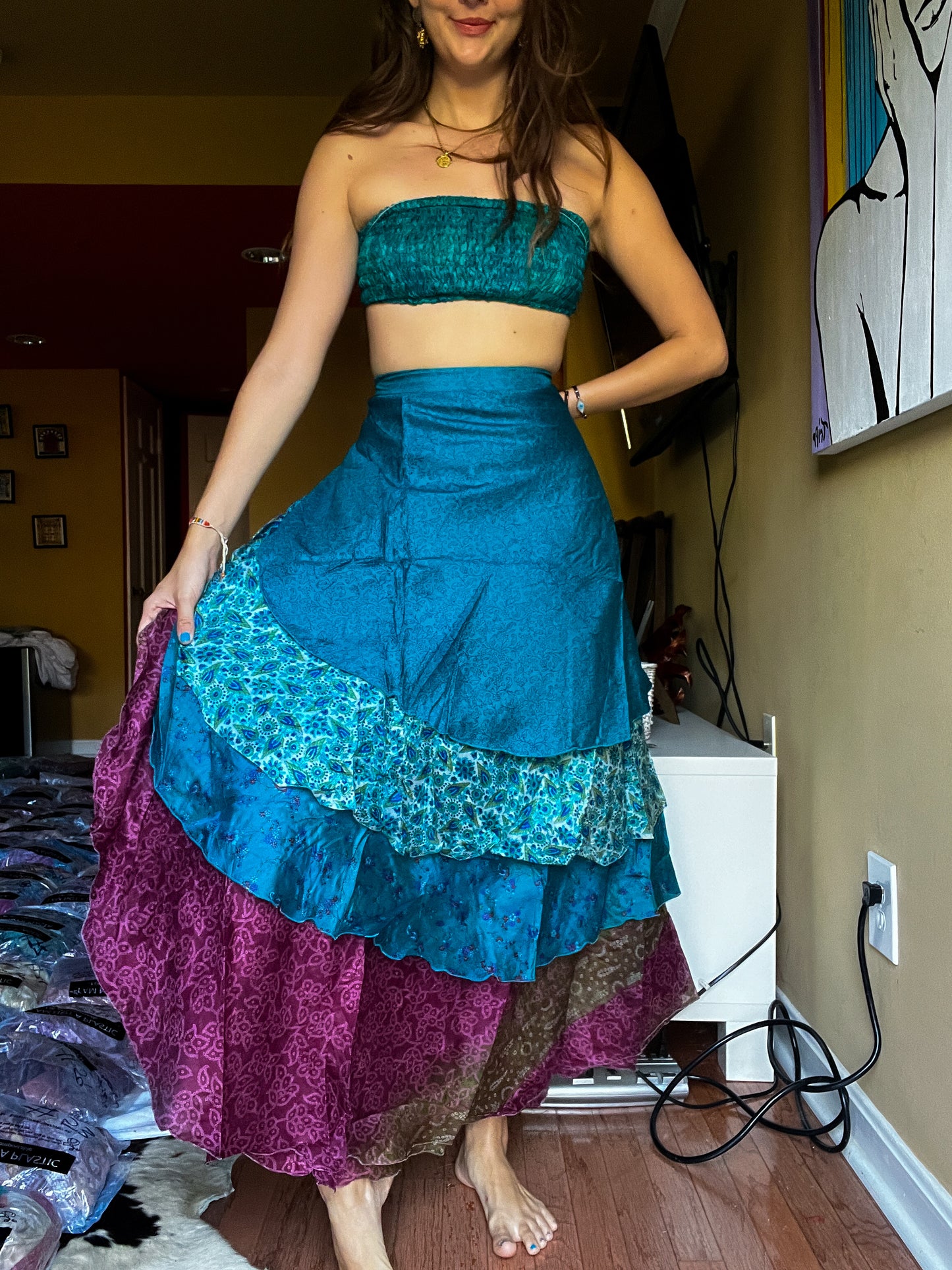 sari wrap skirt #186 - Blue, purple