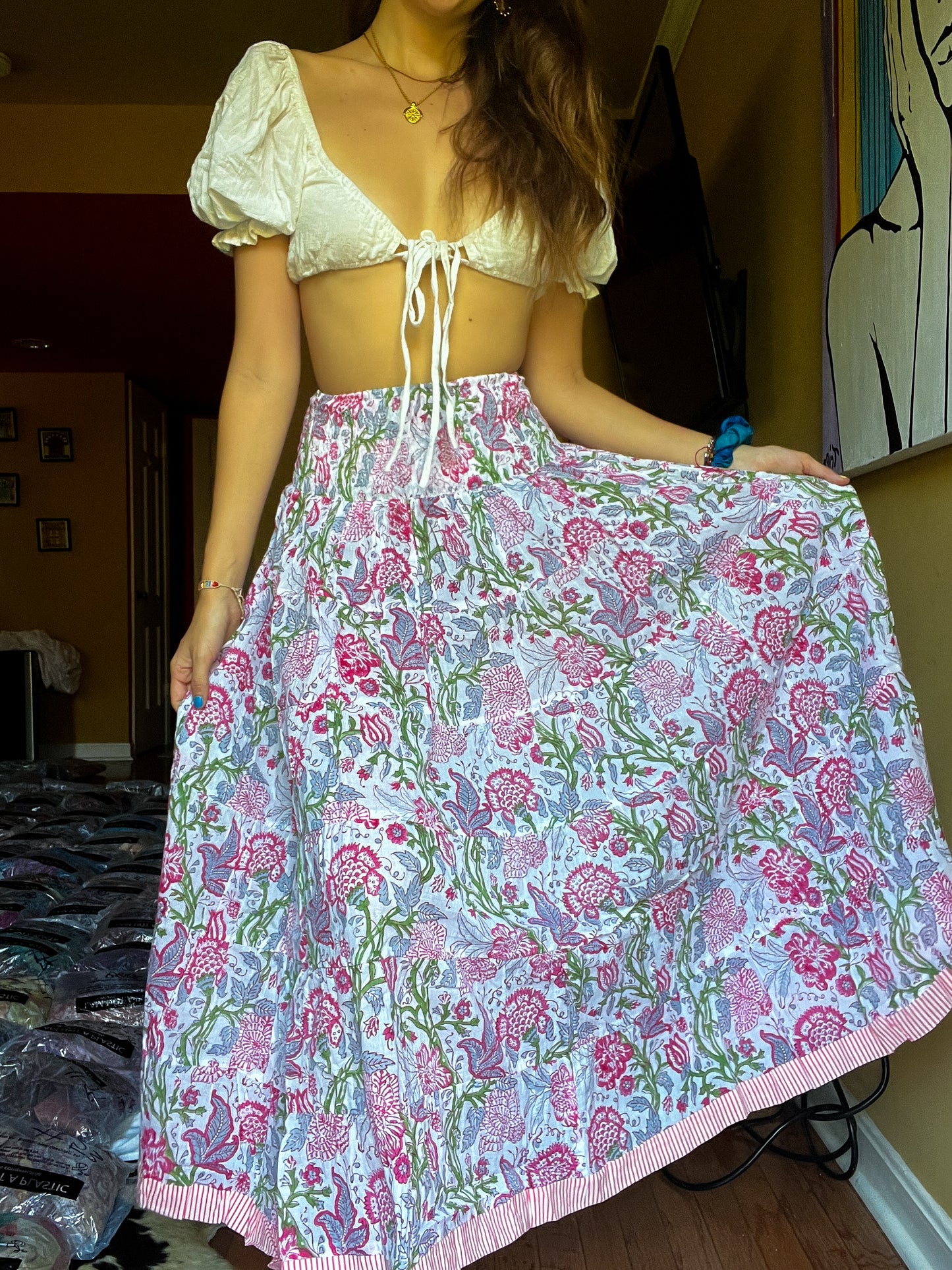 Block printed skirt- Pink