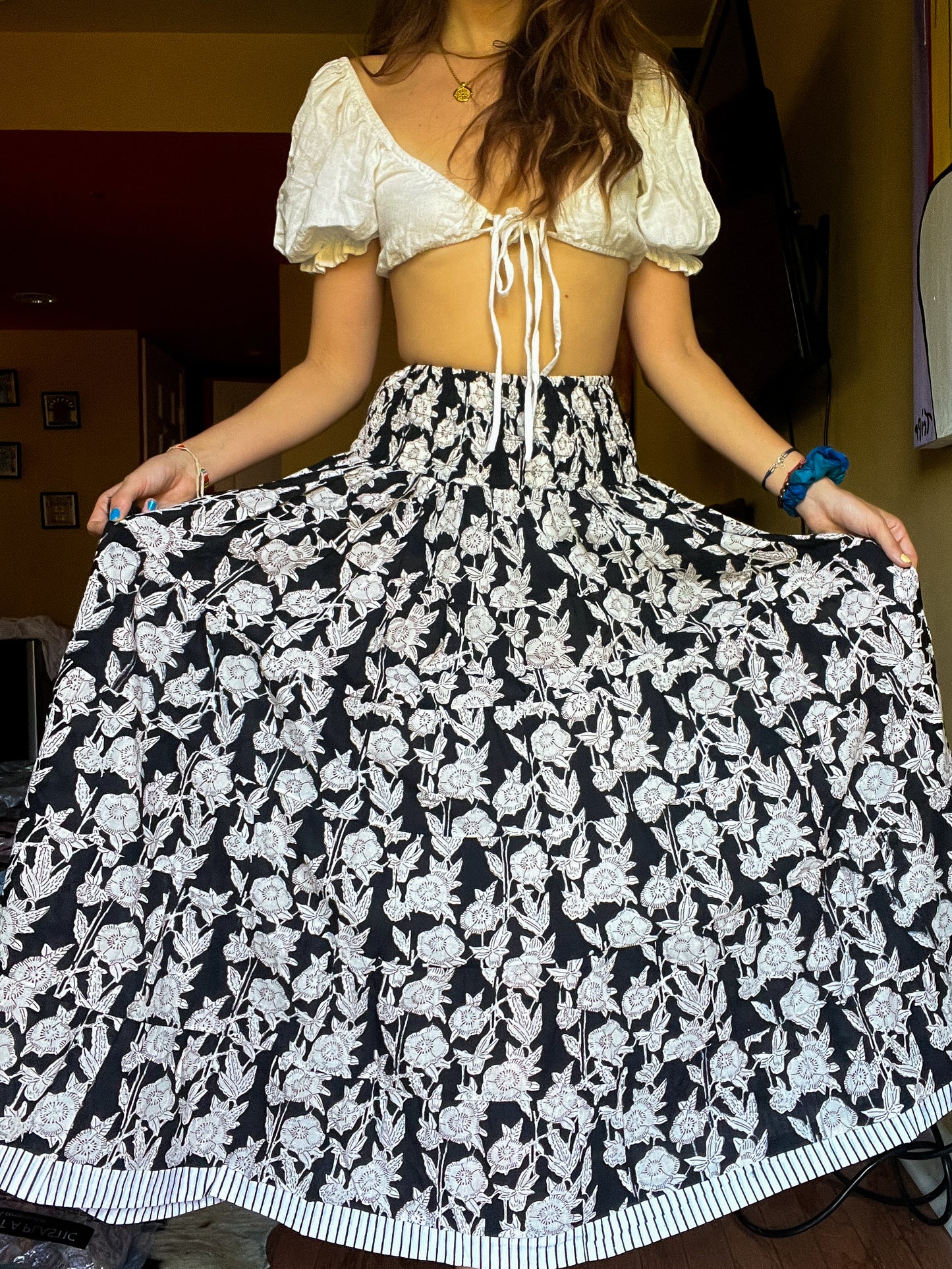 Block printed skirt- Black & white flowers