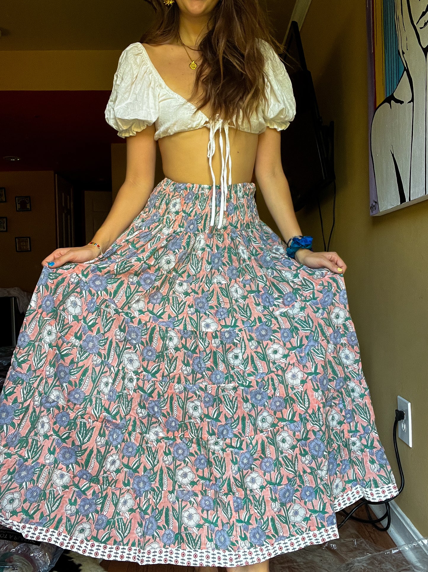 Block printed skirt- pink, light blue skirts