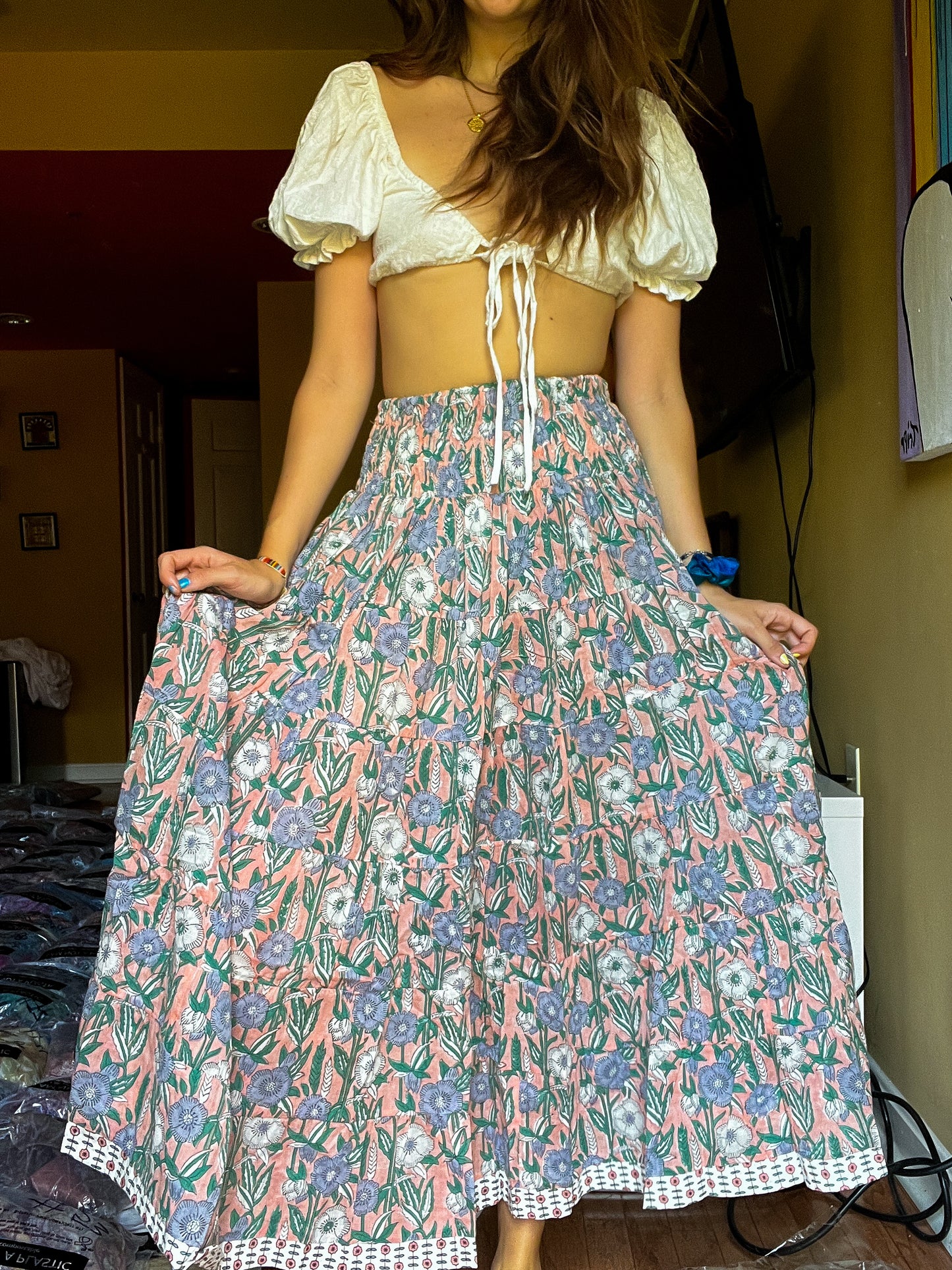 Block printed skirt- pink, light blue skirts