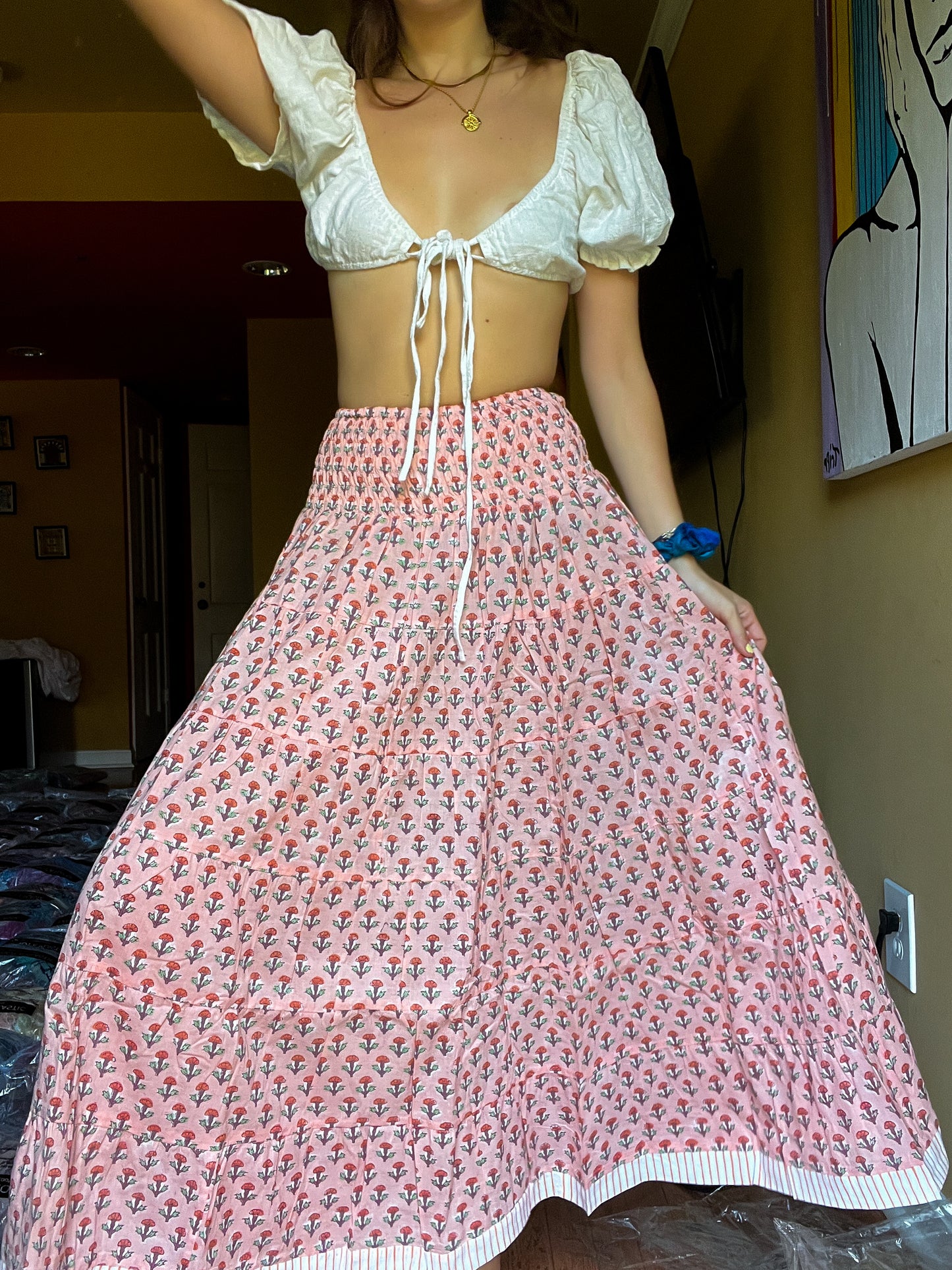 Block printed skirt- Pink