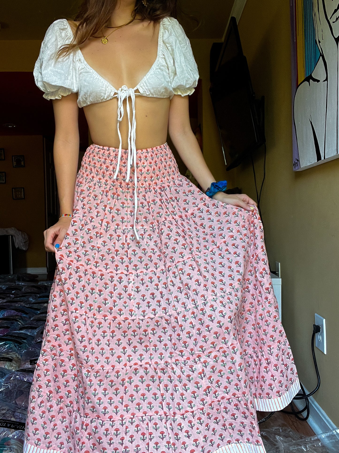 Block printed skirt- Pink