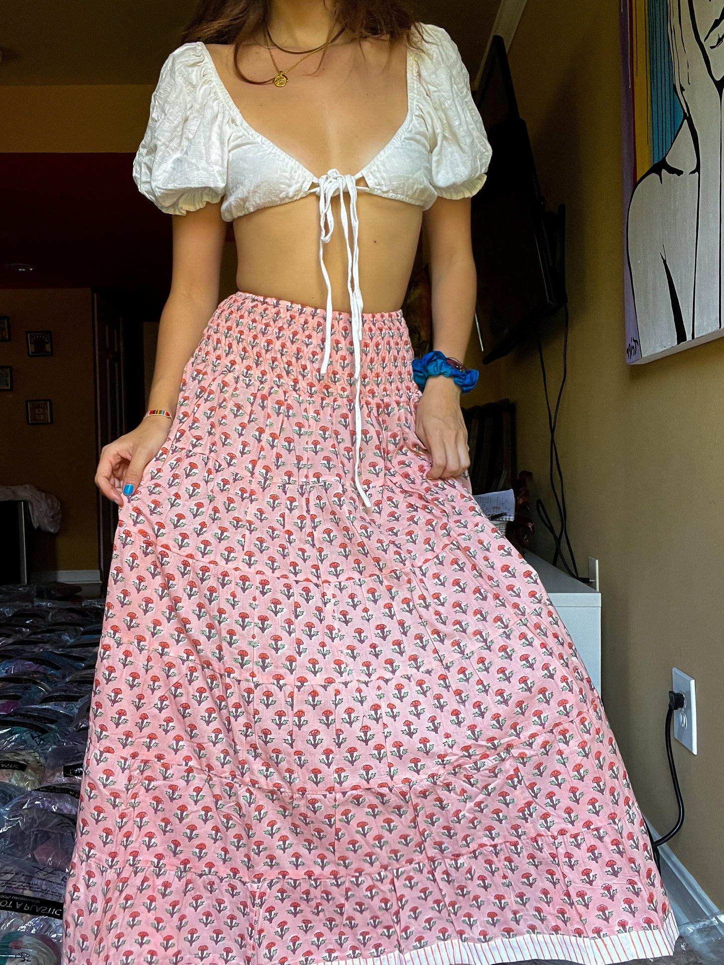 Block printed skirt- Pink