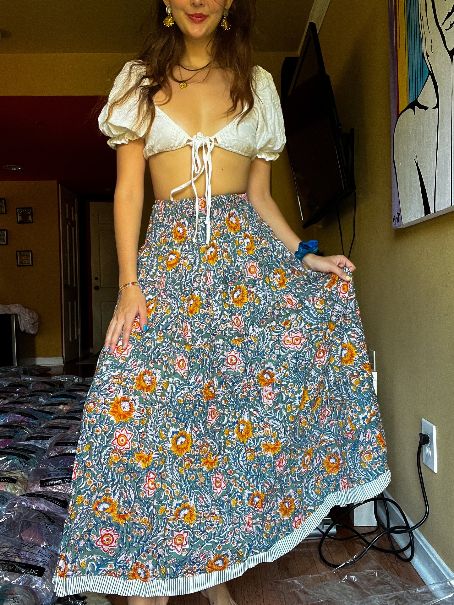 Block printed skirt-Green