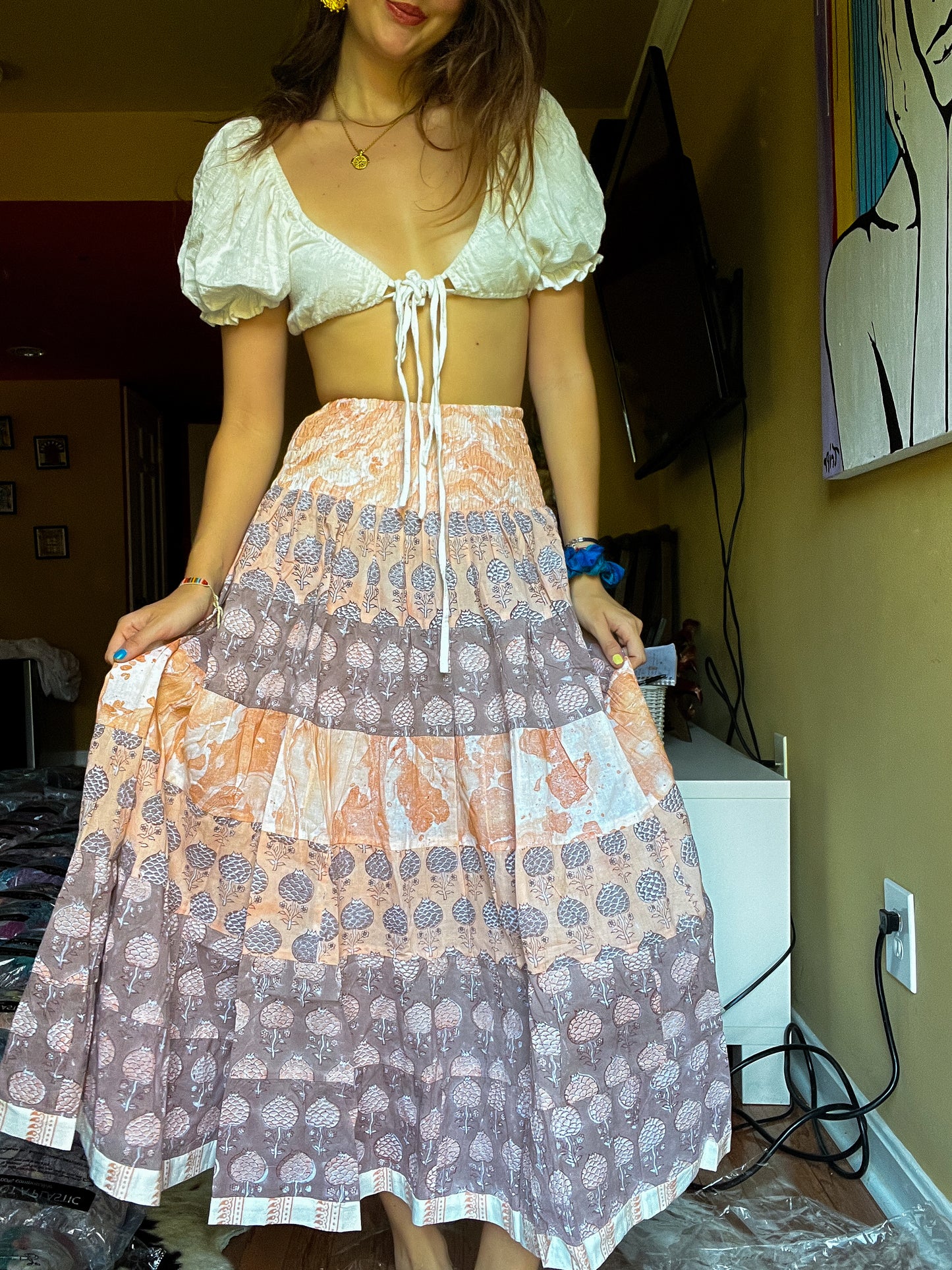 Block printed skirt- Brown, yellow