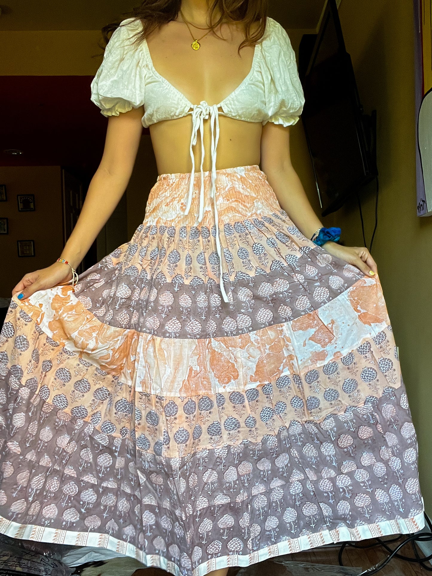Block printed skirt- Brown, yellow