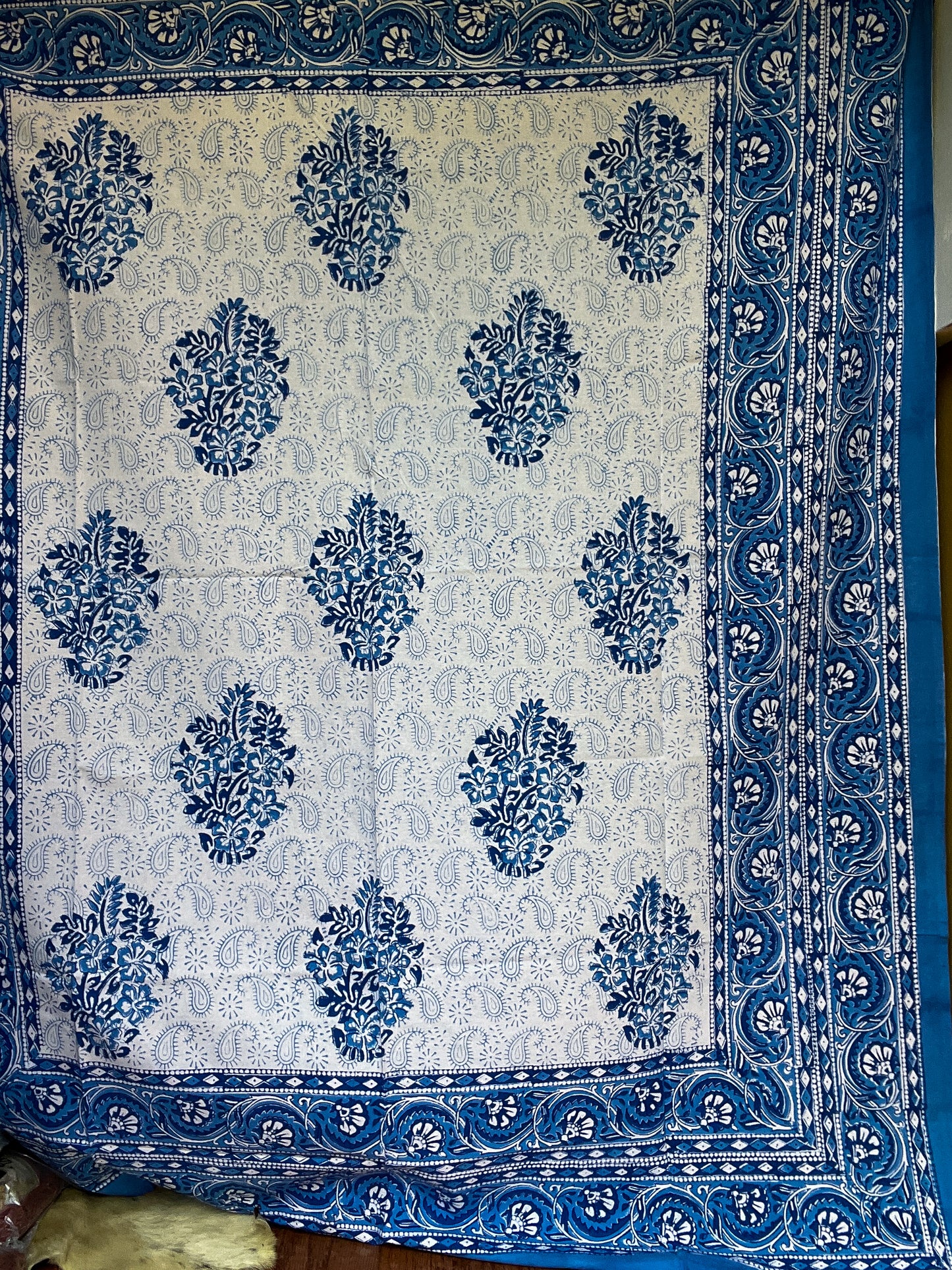 Artisan Indian Table Cloth- Blue, white flowers