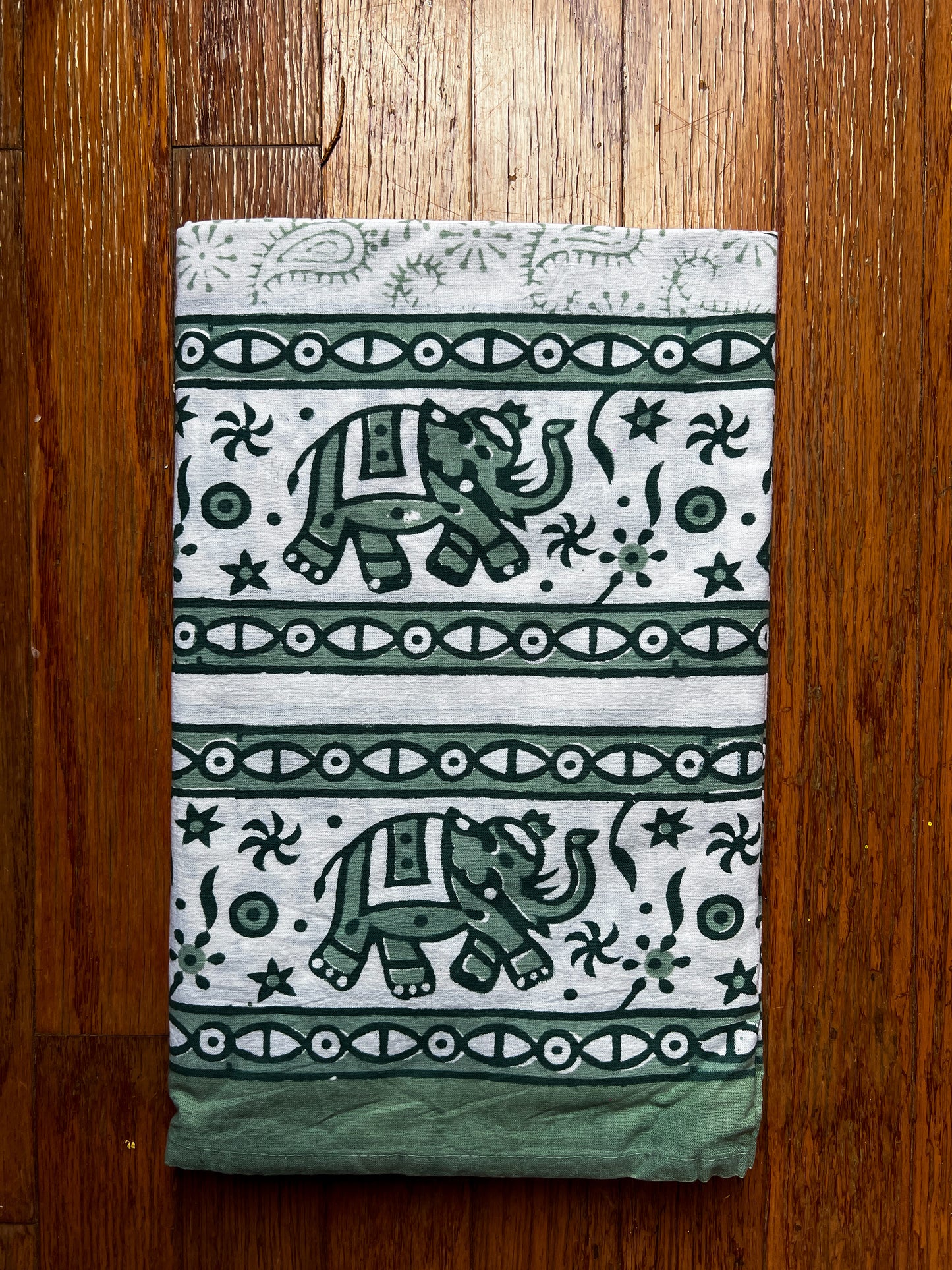 Ancient Indian Artisan Table Cloth- Green Elephants