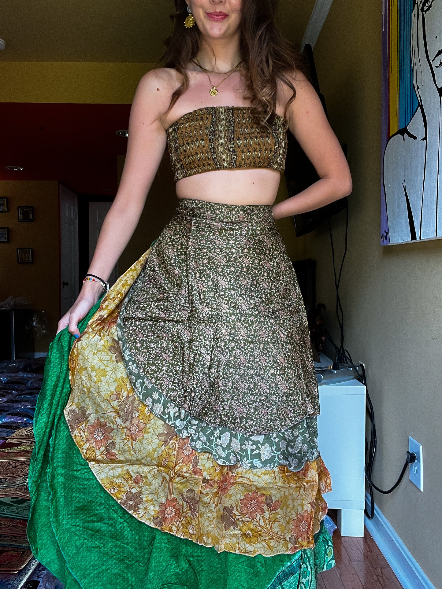 sari wrap skirt #188 - Brown, green