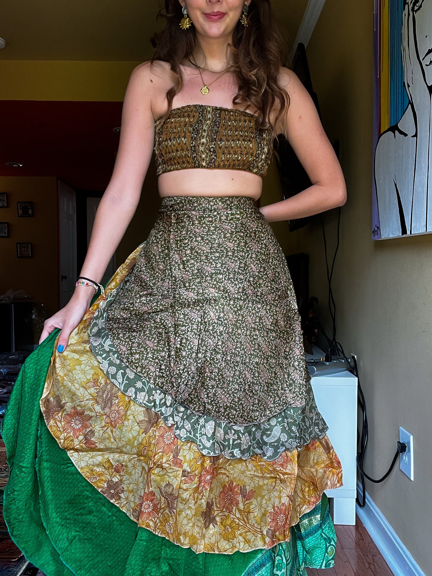 sari wrap skirt #188 - Brown, green