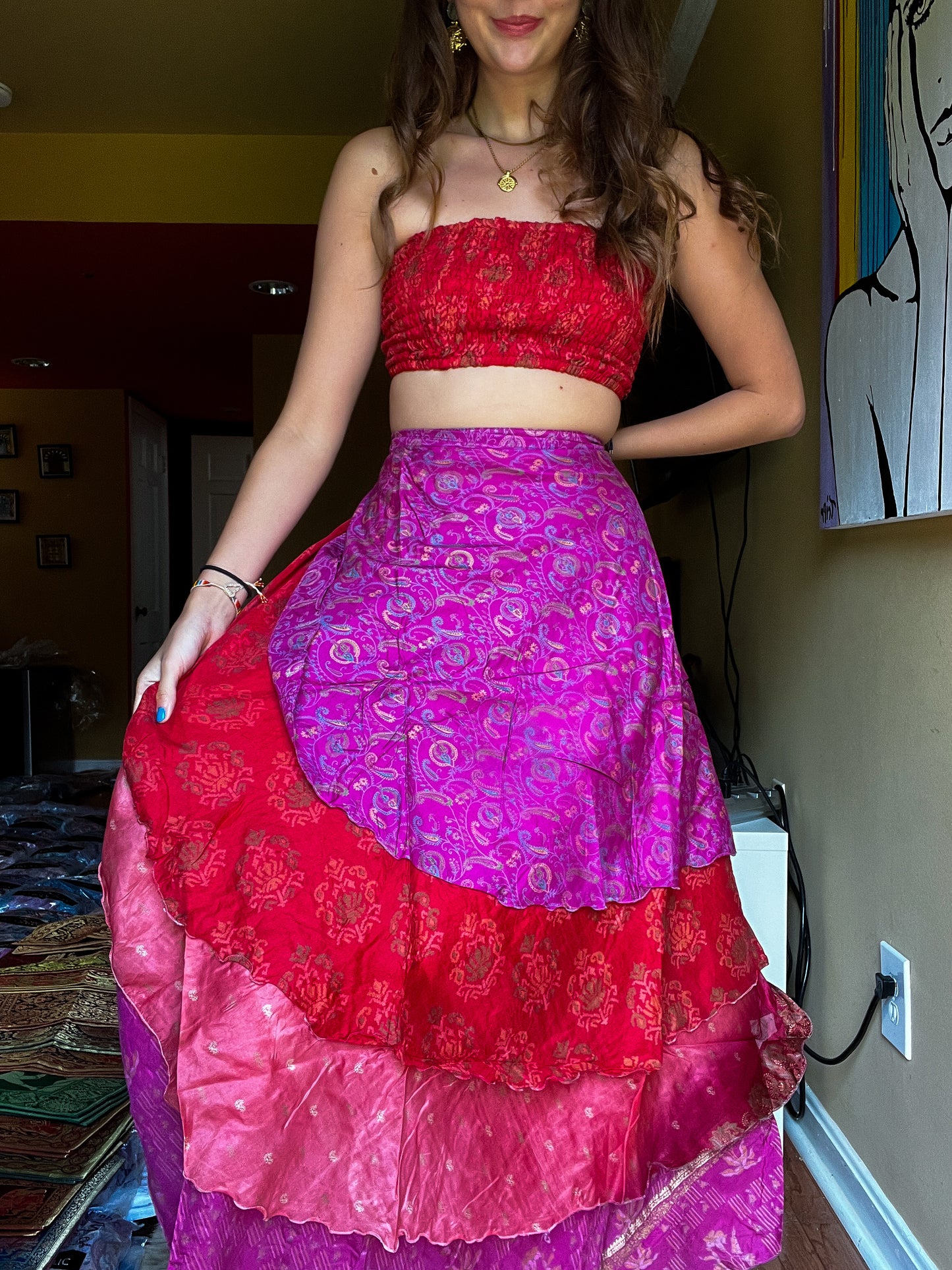 sari wrap skirt #189 - Red Pink