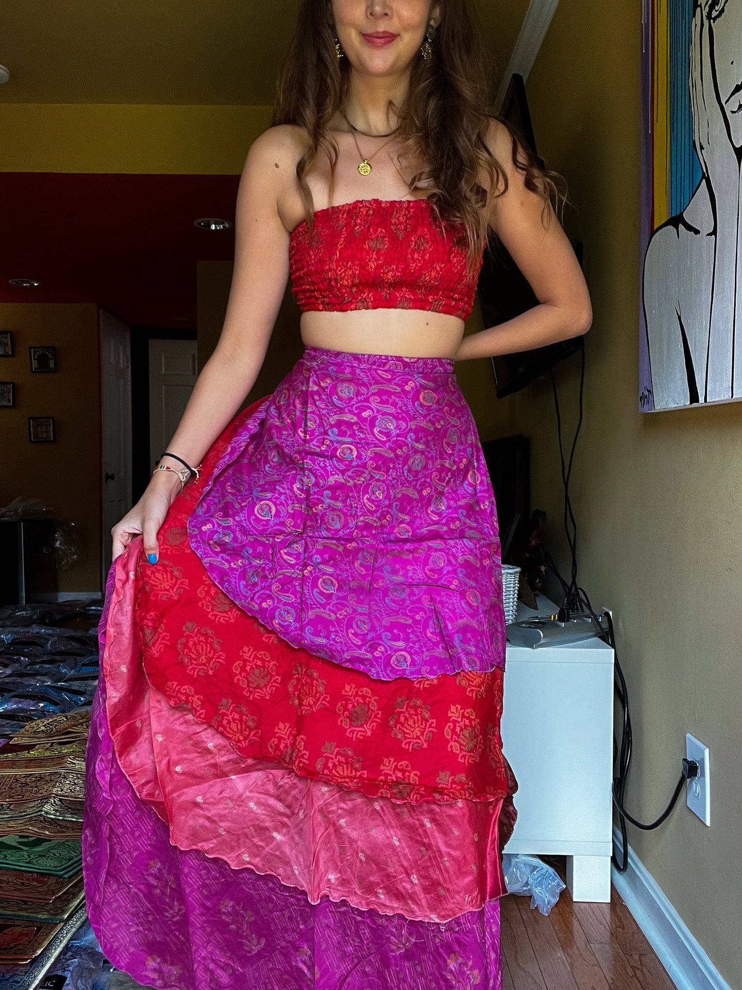 sari wrap skirt #189 - Red Pink