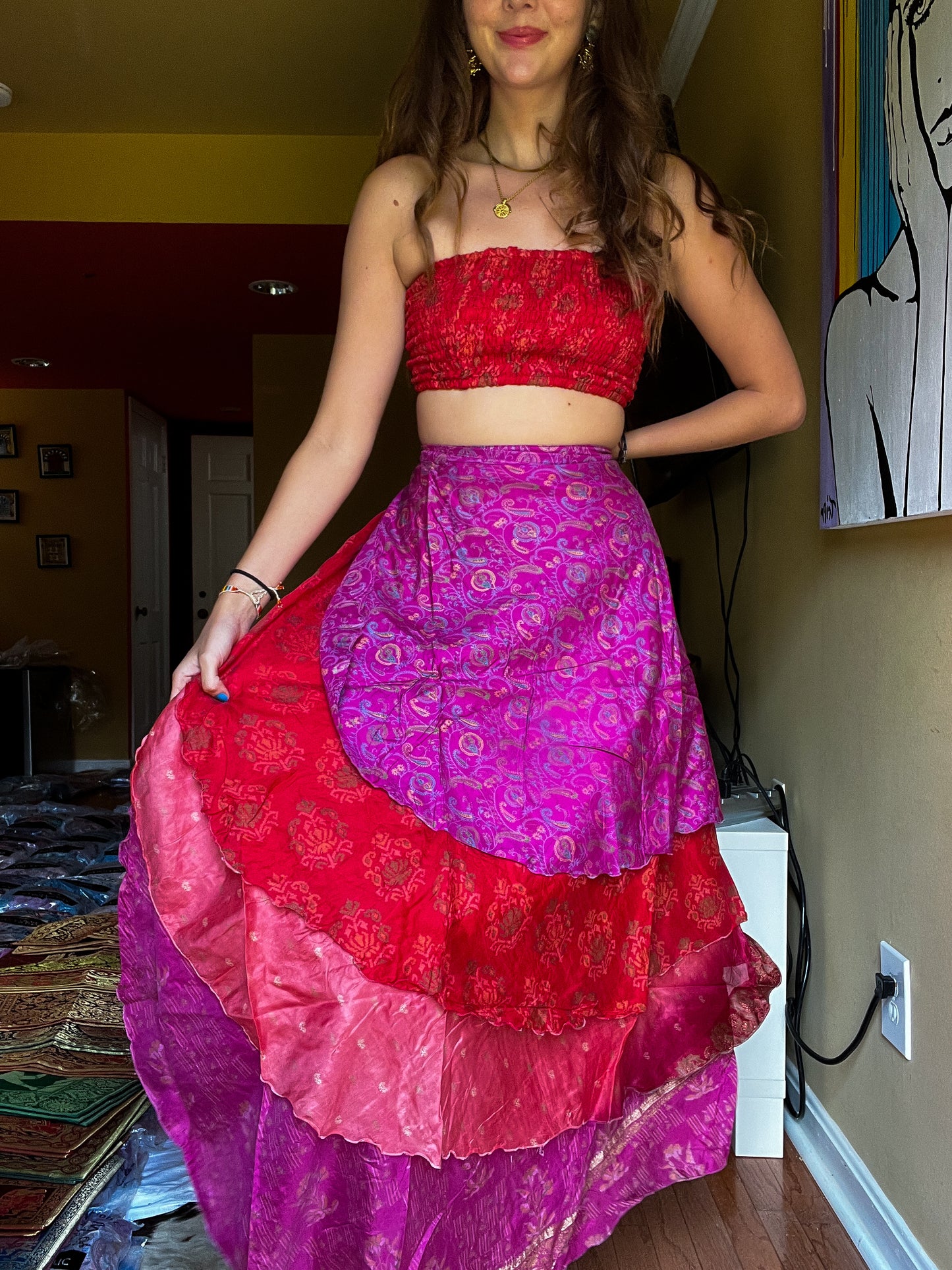 sari wrap skirt #189 - Red Pink