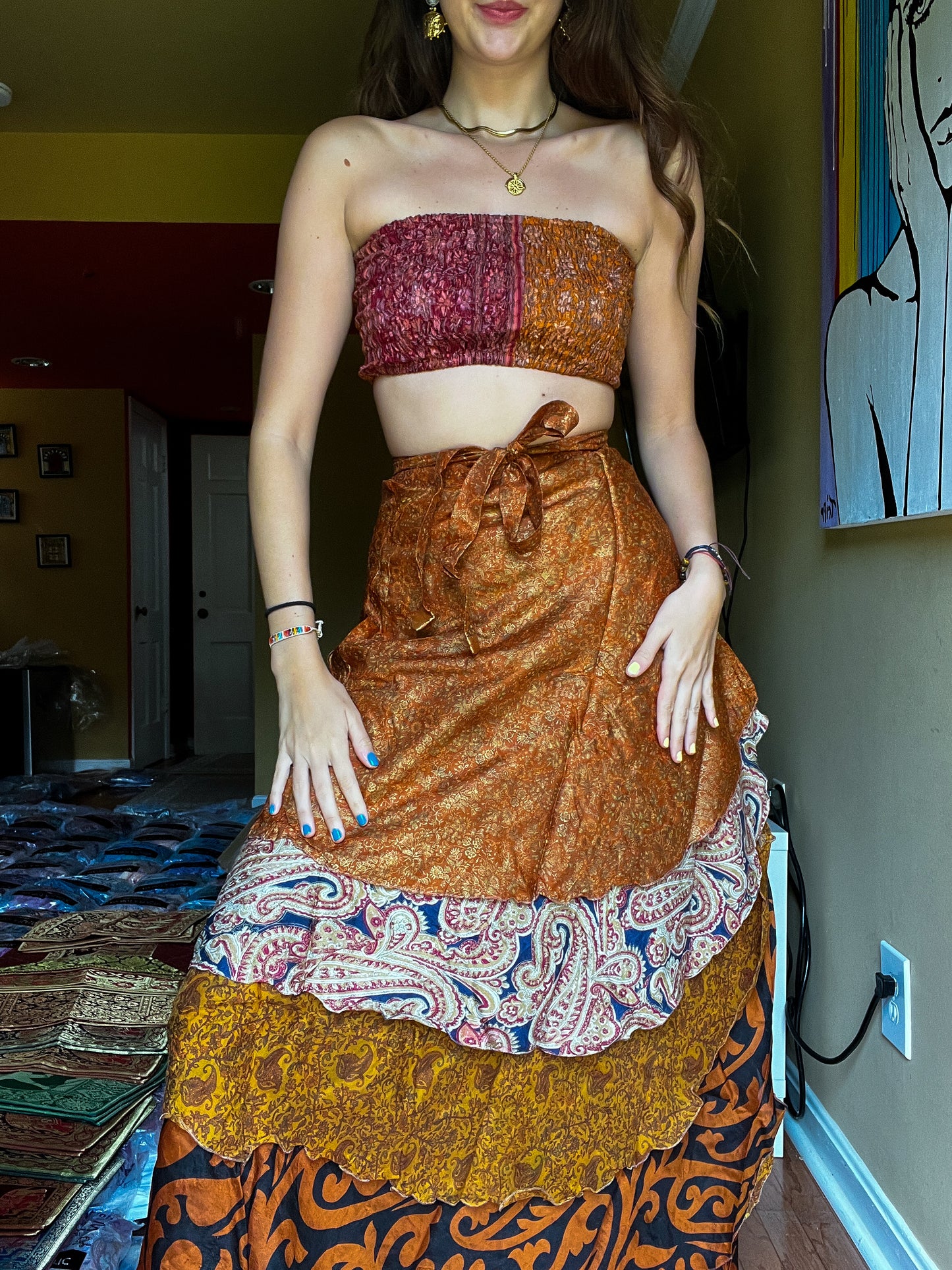 sari wrap skirt #191 - Brown