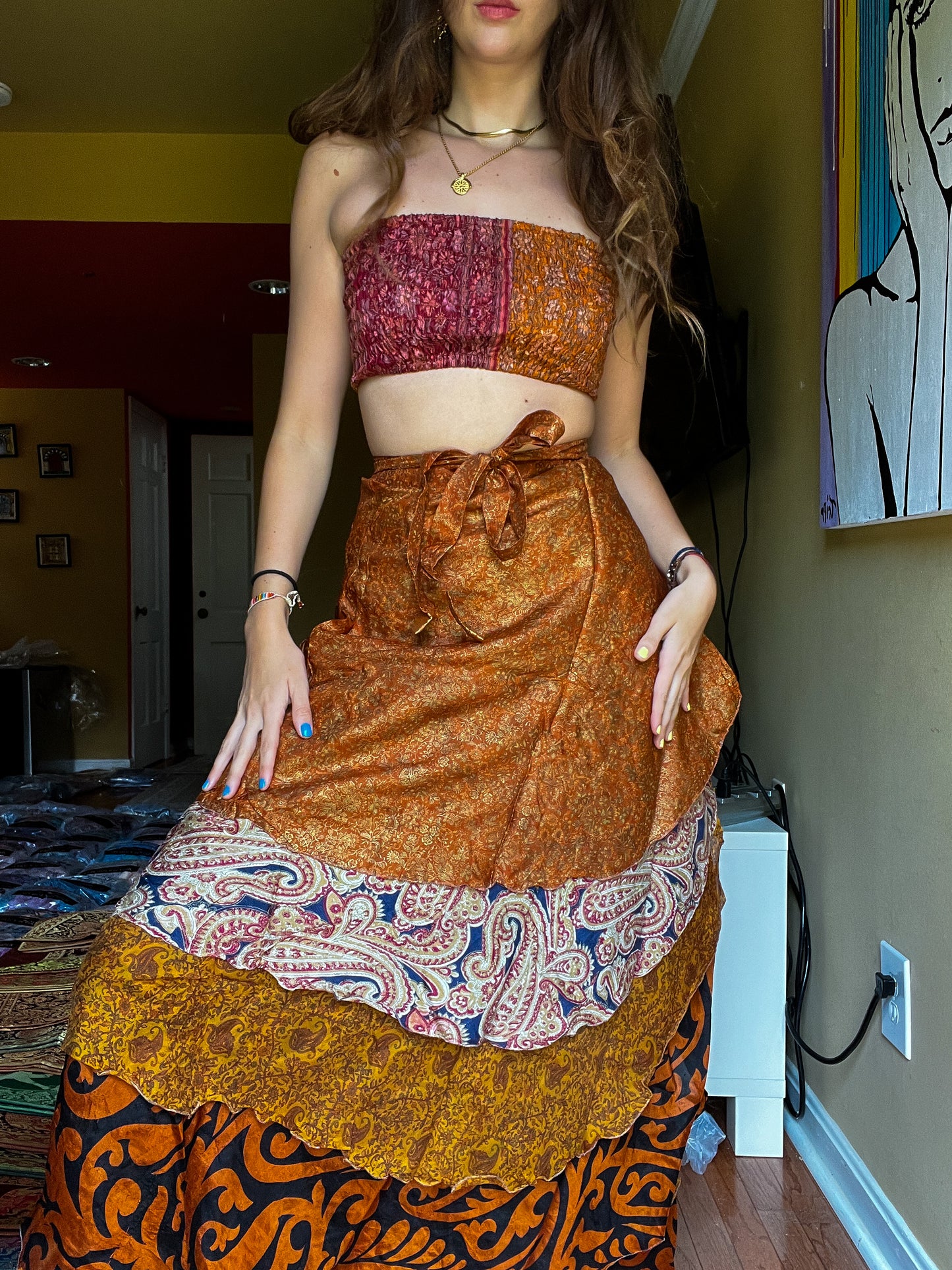 sari wrap skirt #191 - Brown