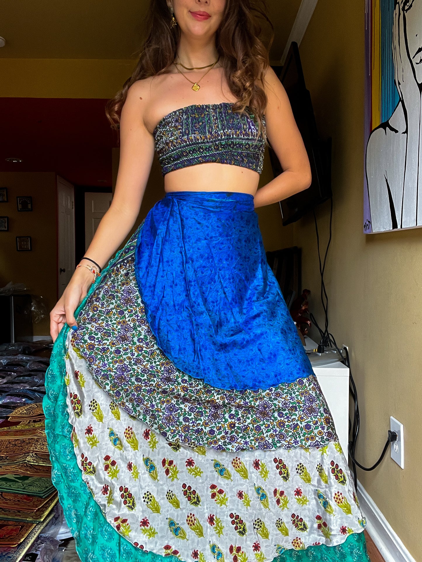 sari wrap skirt #192- Green, Blue