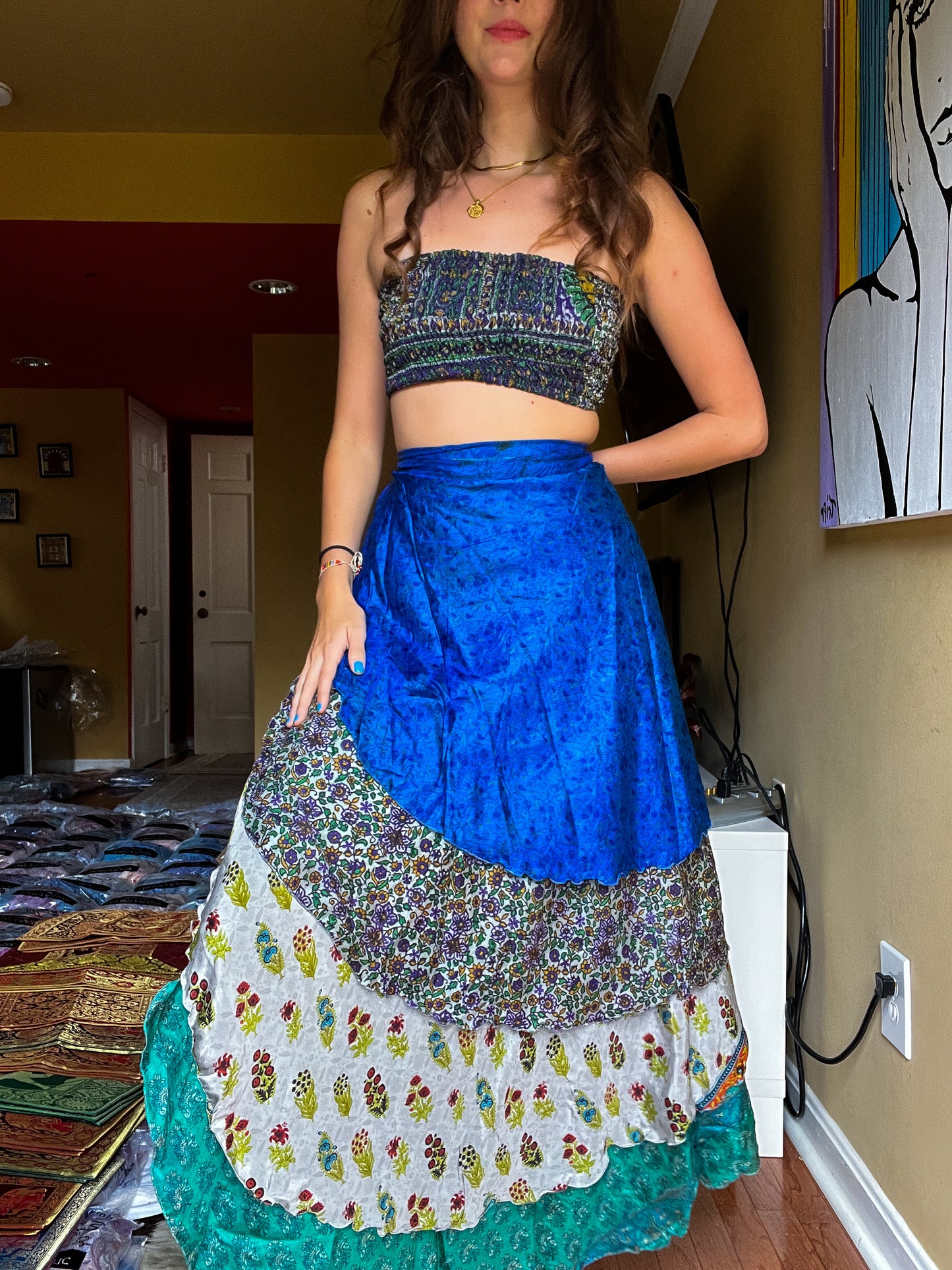 sari wrap skirt #192- Green, Blue