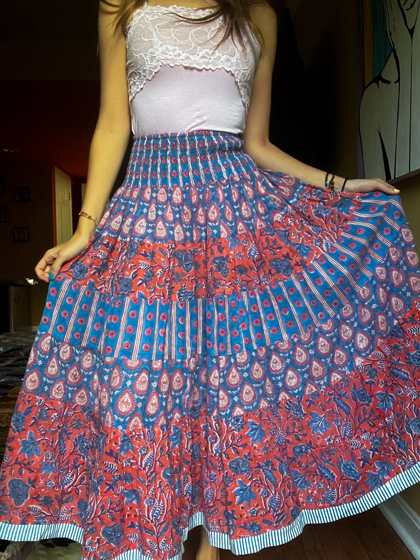 Block printed skirt- Blue, orange