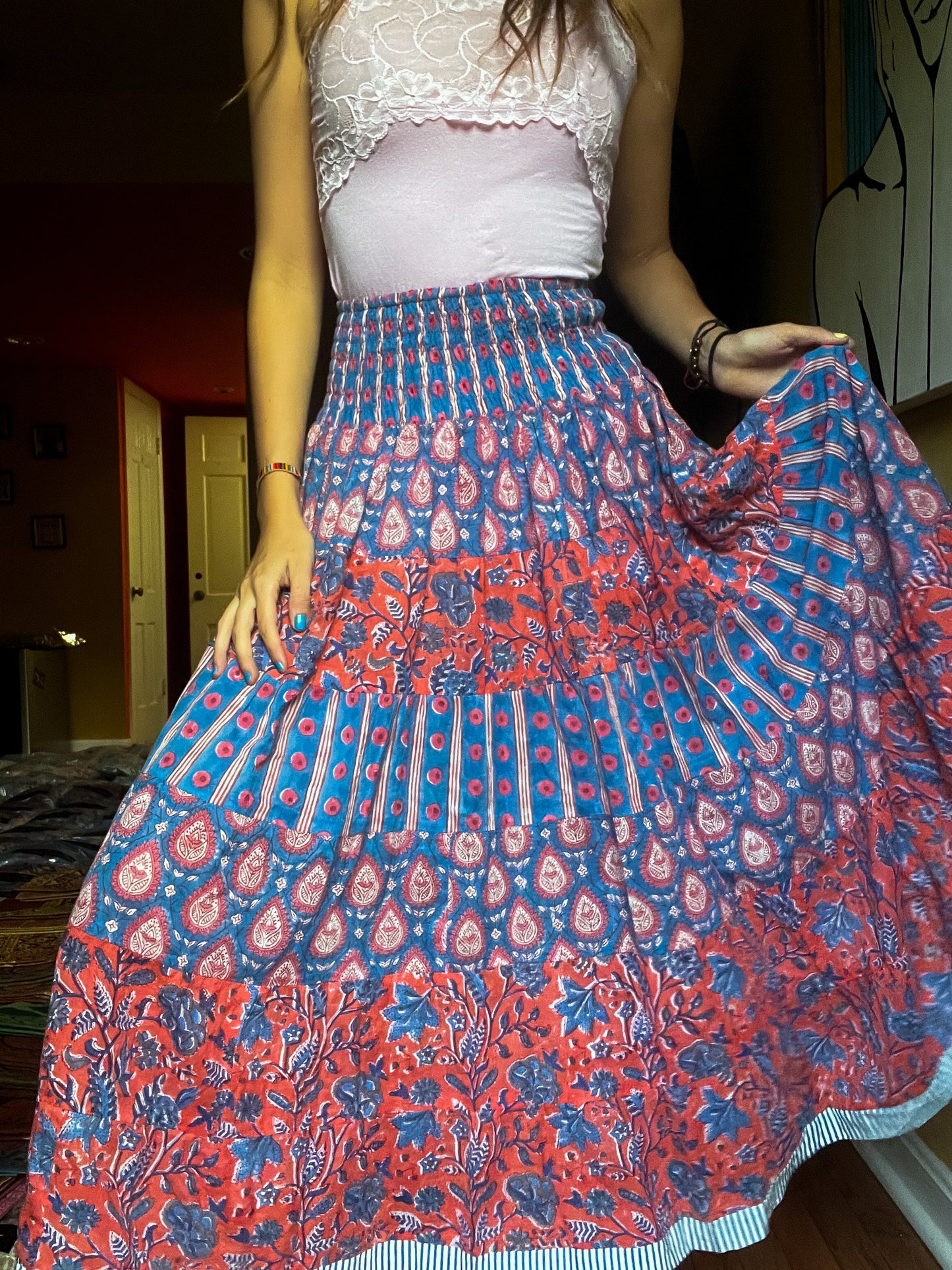 Block printed skirt- Blue, orange