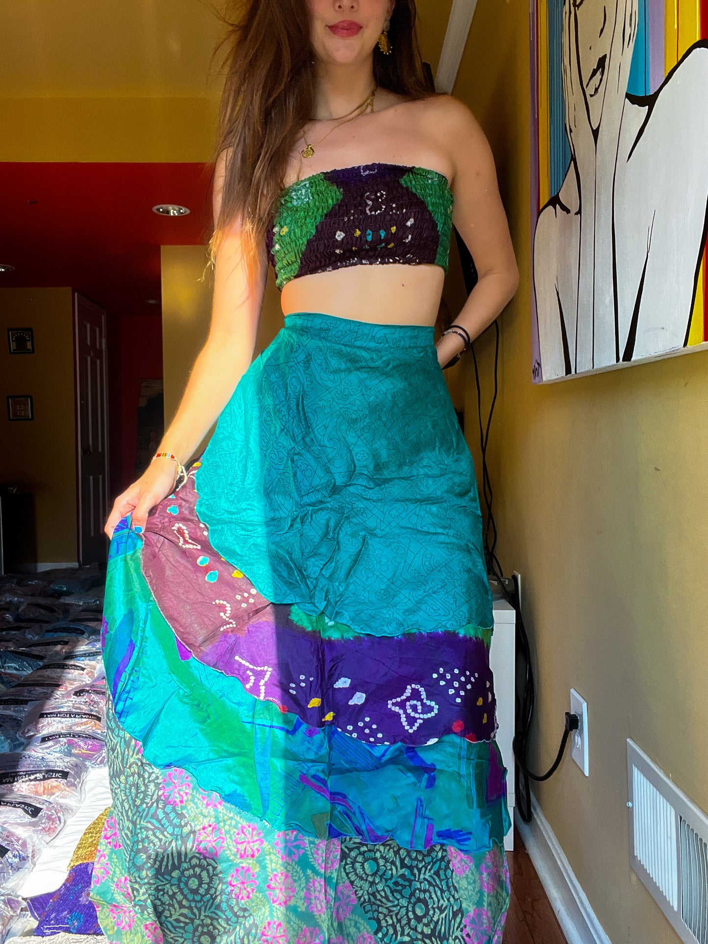 sari wrap skirt #197- Green/purple