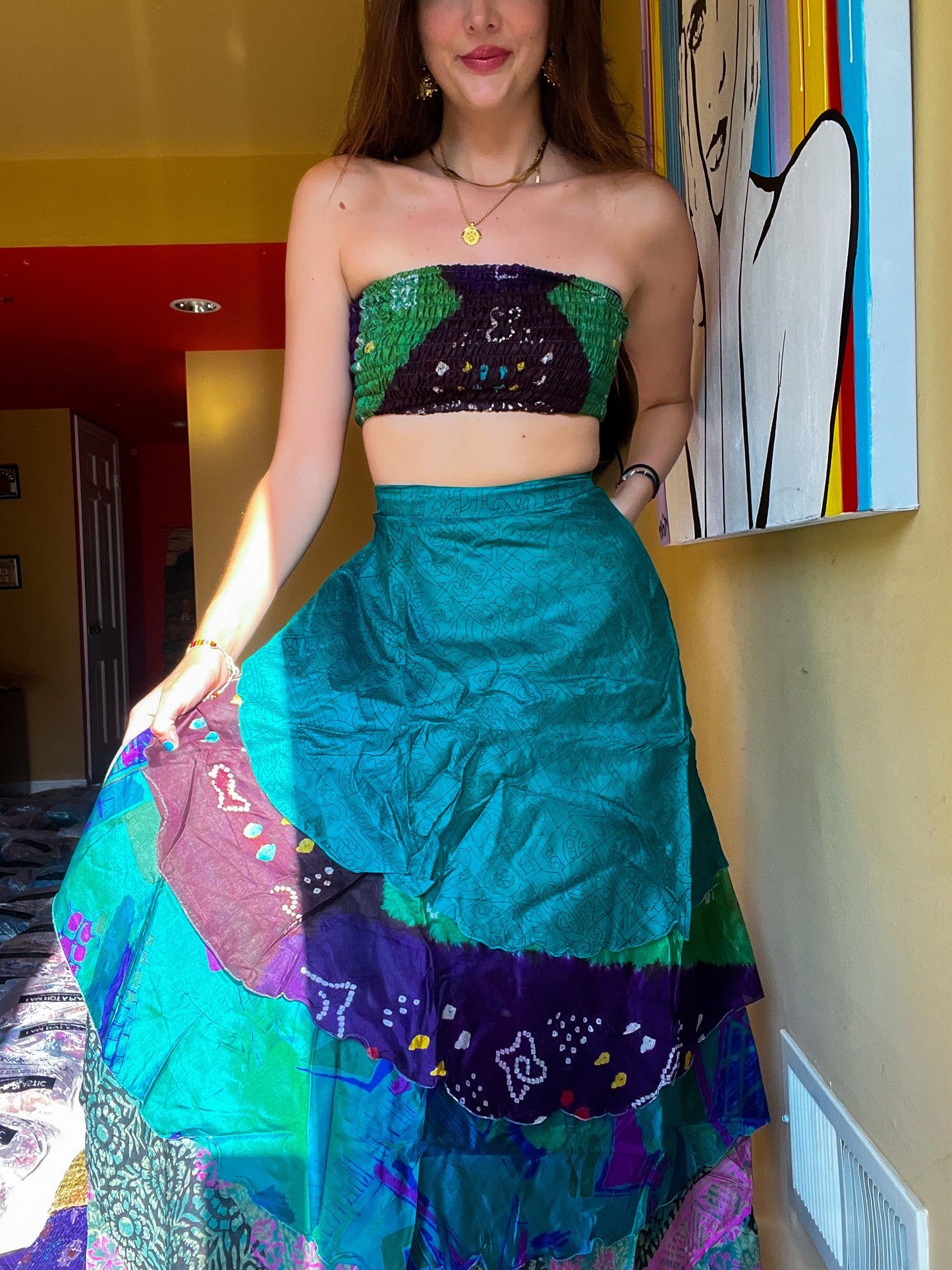 sari wrap skirt #197- Green/purple