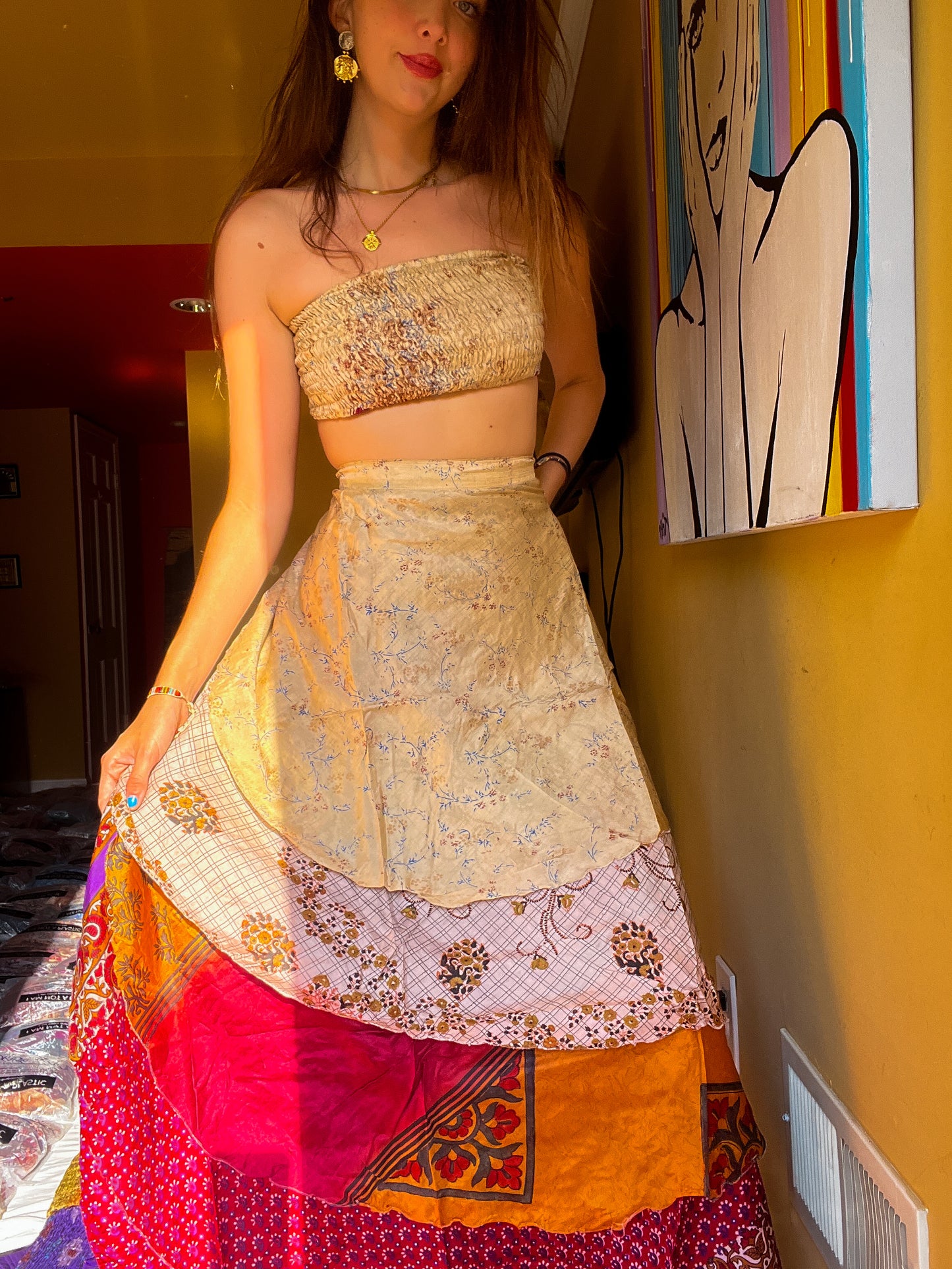 sari wrap skirt #198 Beige, red, orange