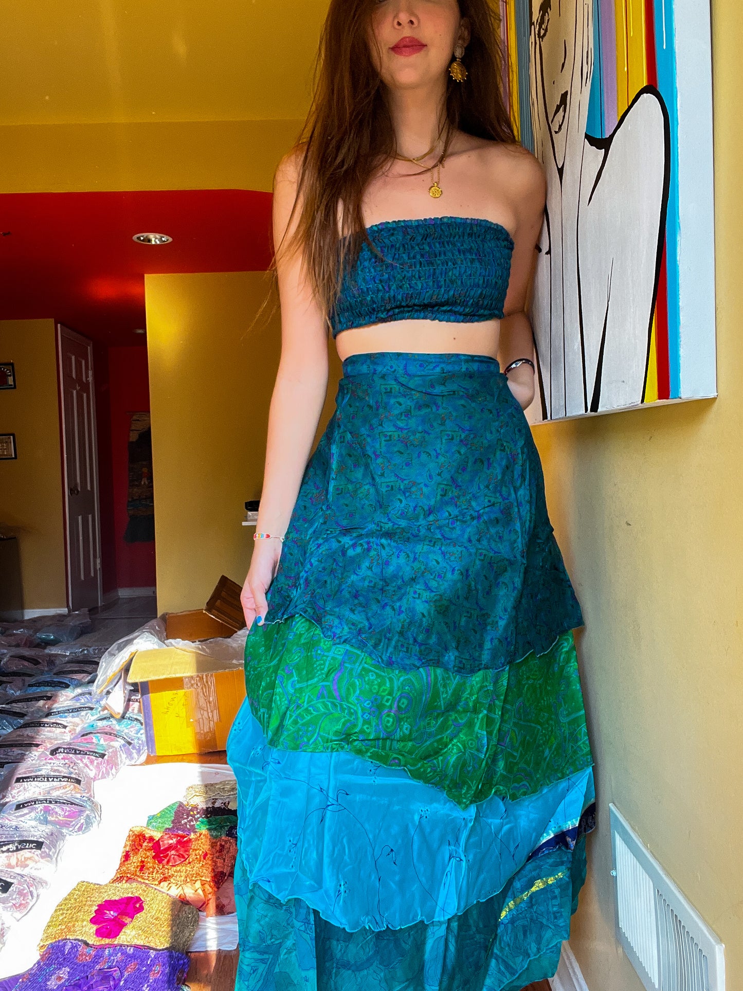 sari wrap skirt #199- Blue