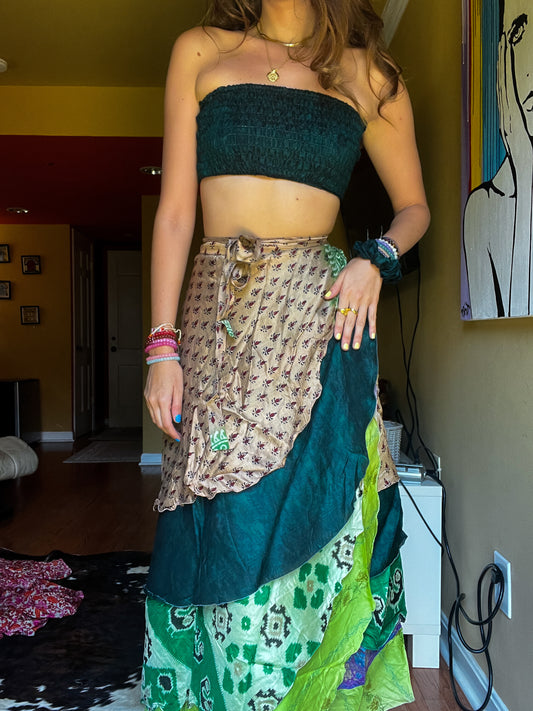 sari wrap skirt #15- brown, & greens