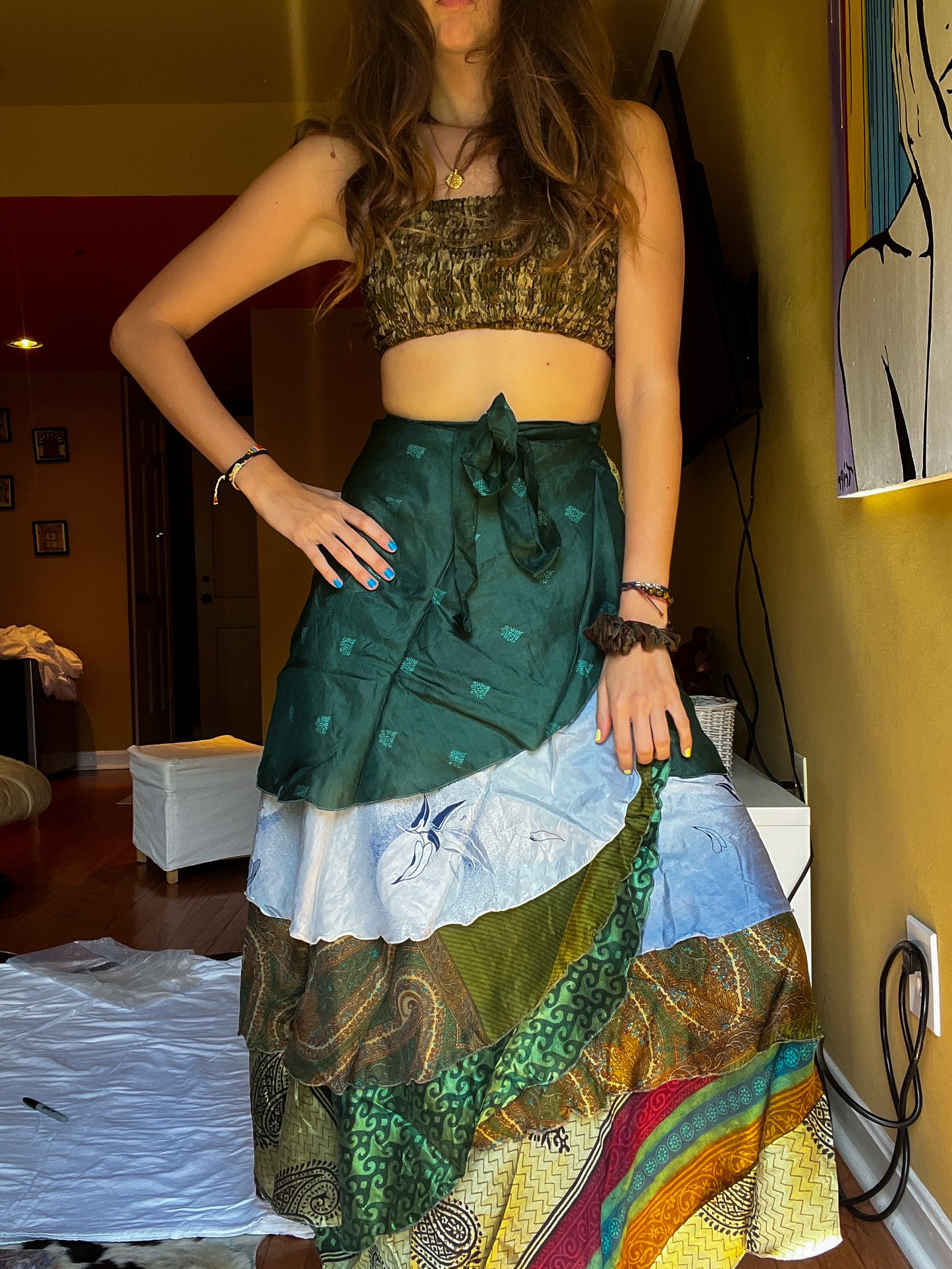 sari wrap skirt #3 - green & white