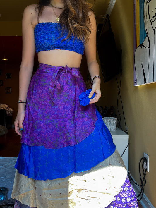 sari wrap skirt #6 - purple, blue, white